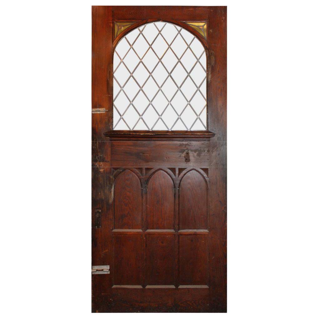 Substantial 47” Salvaged Oak Door with Gothic Arch Window-70321 Substantial 47” Salvaged Oak Door with Gothic Arch Window-70321