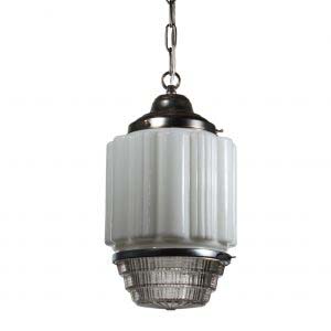 Antique Art Deco Skyscraper Pendant Light with Two-Part Prismatic Shade-0