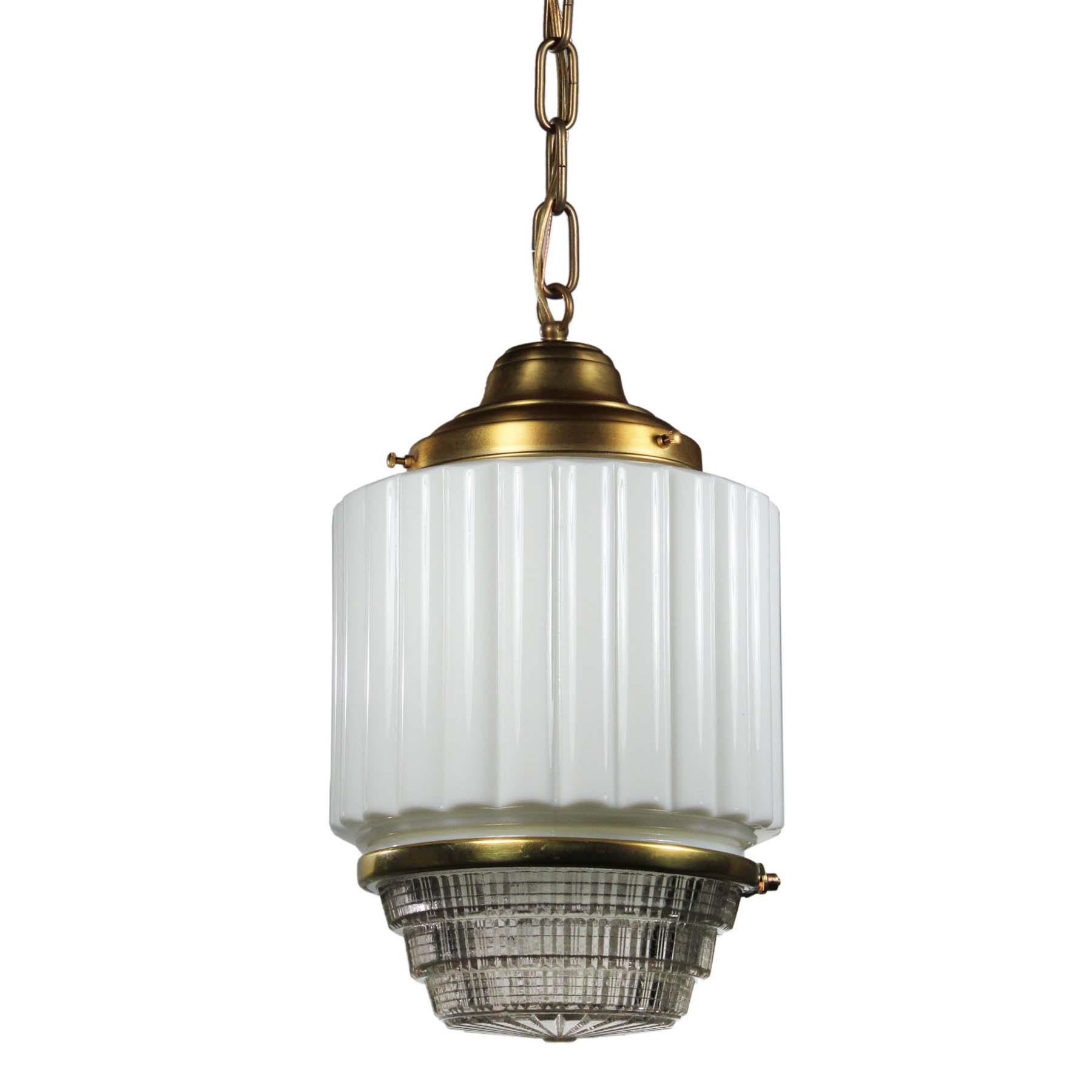 SOLD Antique Brass Art Deco Skyscraper Pendant Light with Two-Part Prismatic Shade-0
