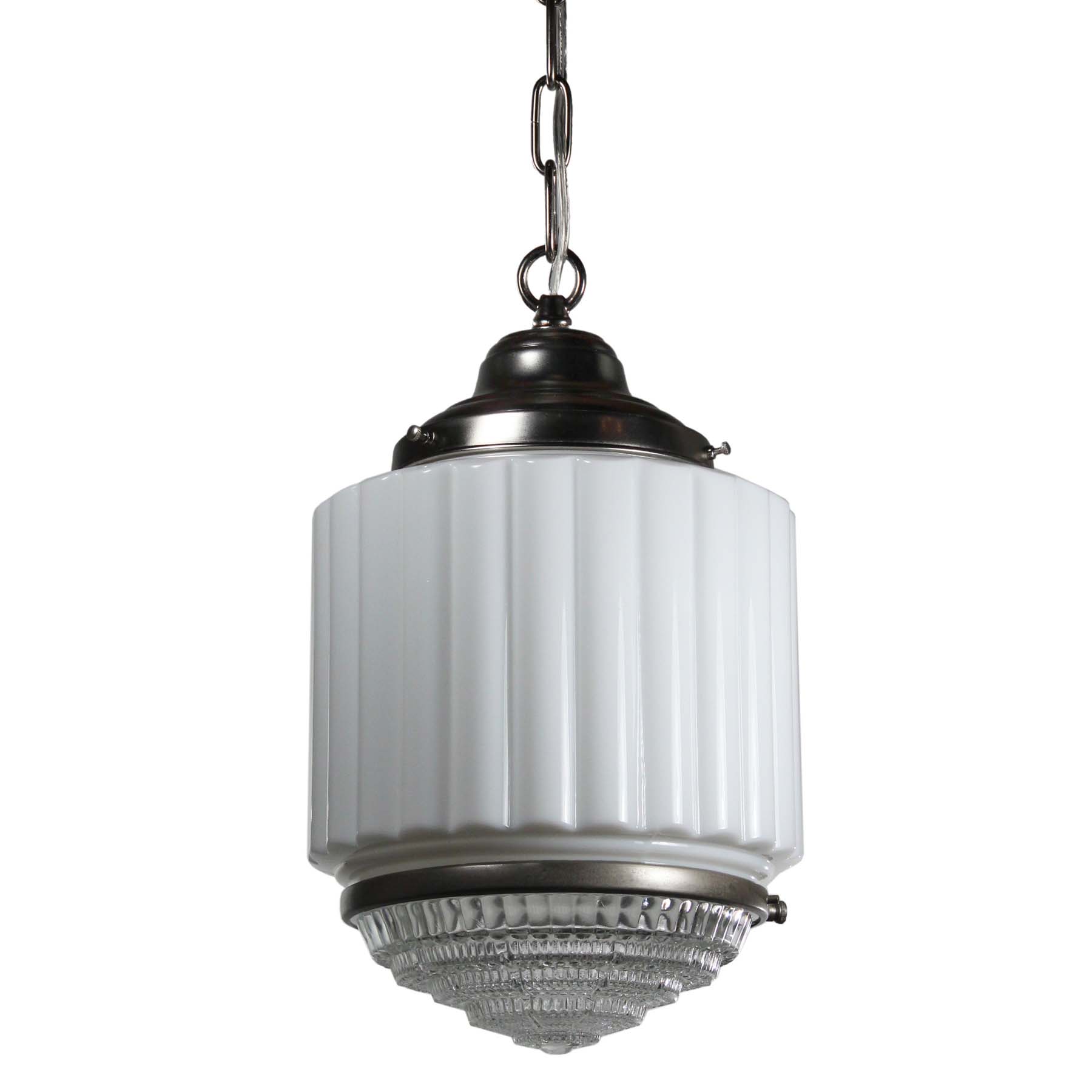 SOLD Art Deco Skyscraper Pendant Light with Two-Part Prismatic Shade, Antique Lighting-0