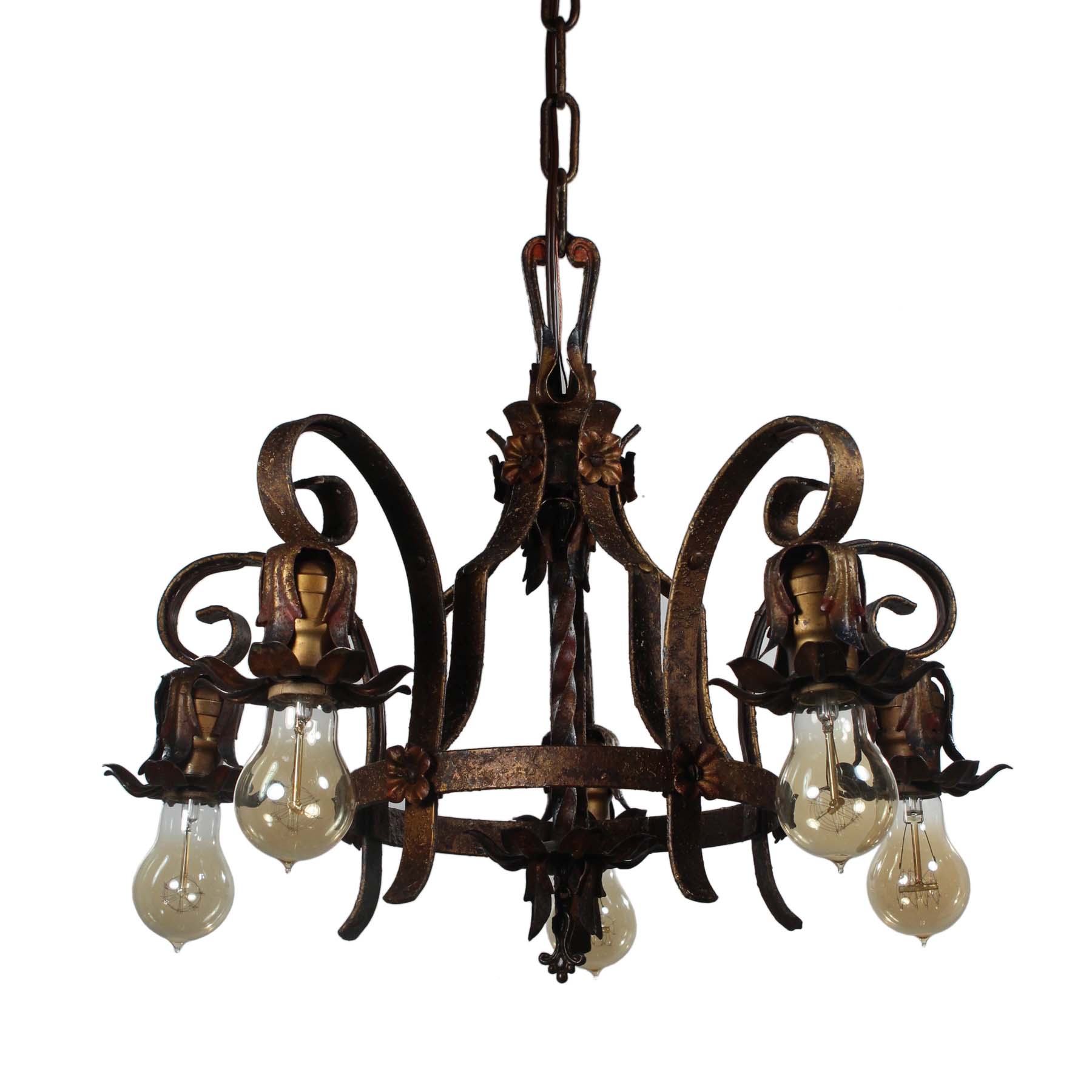SOLD Antique Five-Light Iron Chandelier with Flowers, c. 1920s -0