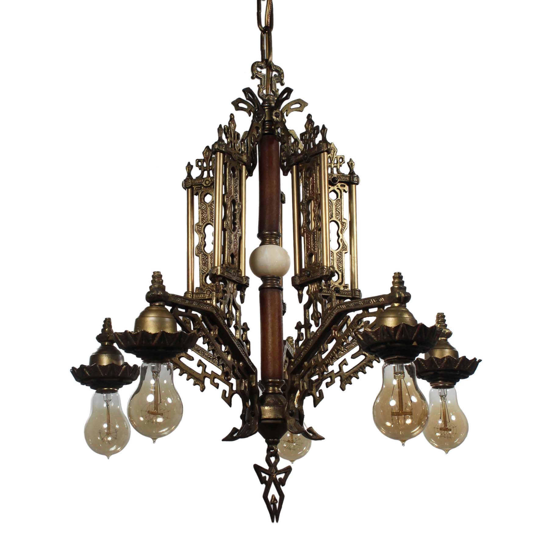 SOLD Antique Brass Art Deco Chandelier with Exposed Bulbs, Bakelite-0