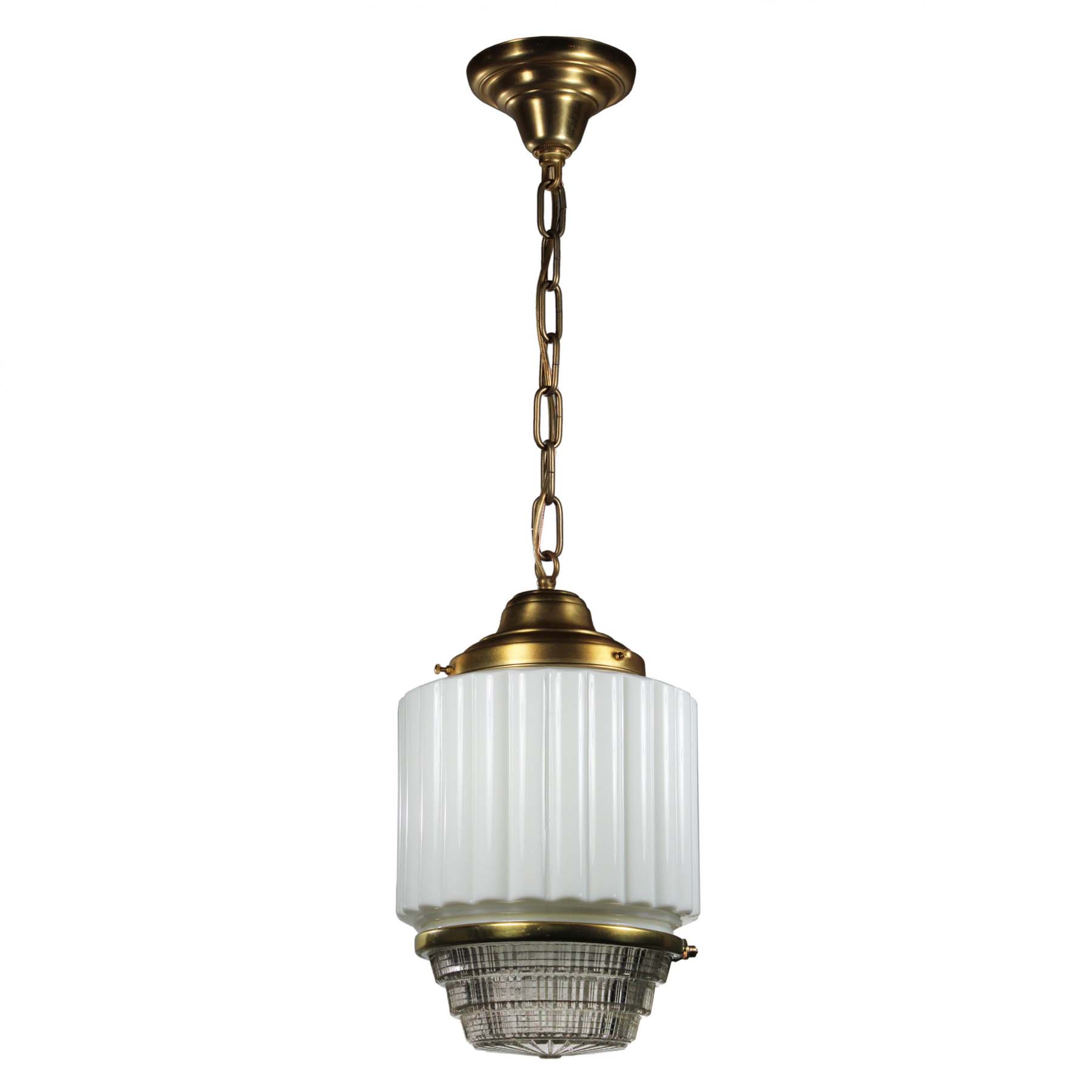 SOLD Antique Brass Art Deco Skyscraper Pendant Light with Two-Part Prismatic Shade-70480
