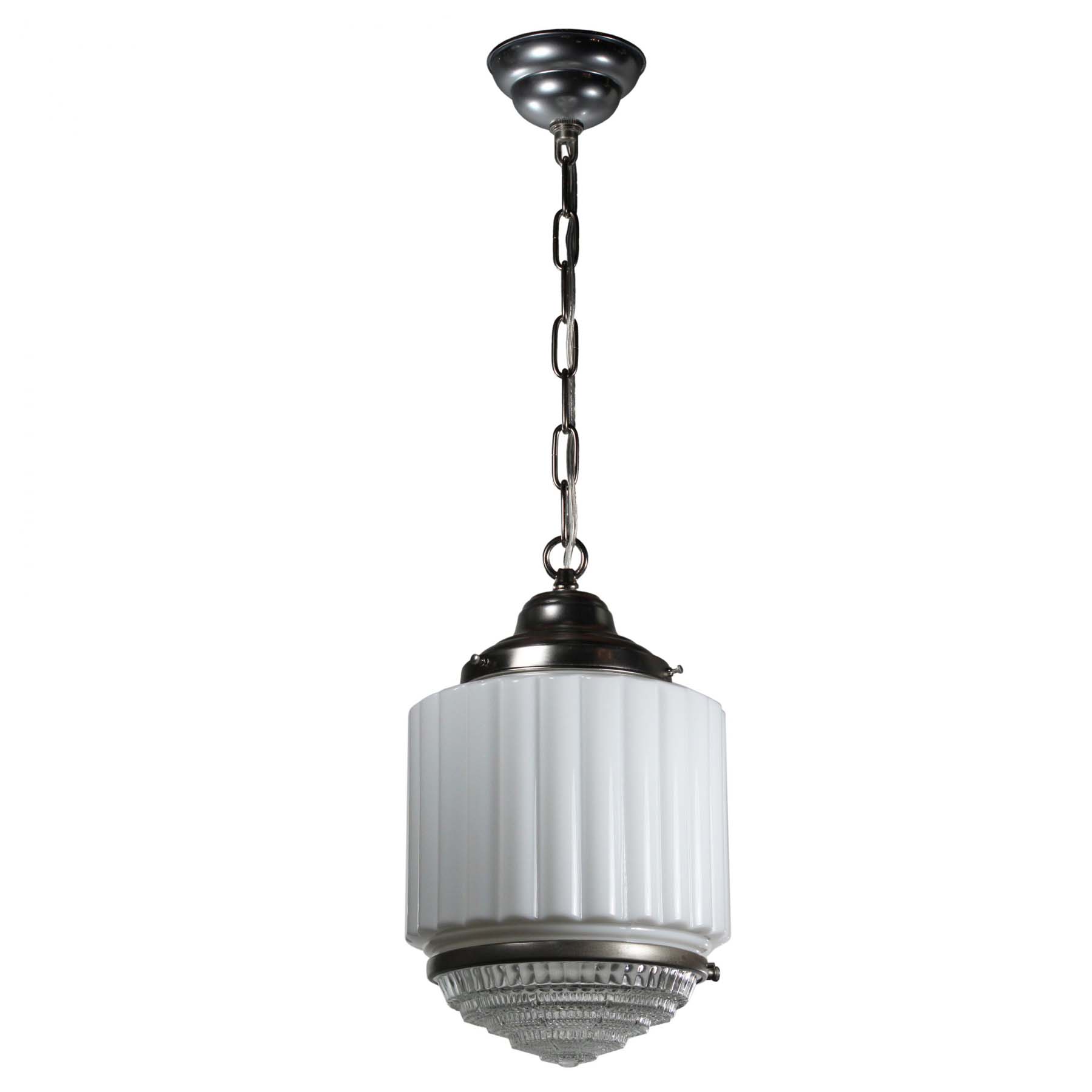 SOLD Art Deco Skyscraper Pendant Light with Two-Part Prismatic Shade, Antique Lighting-70523