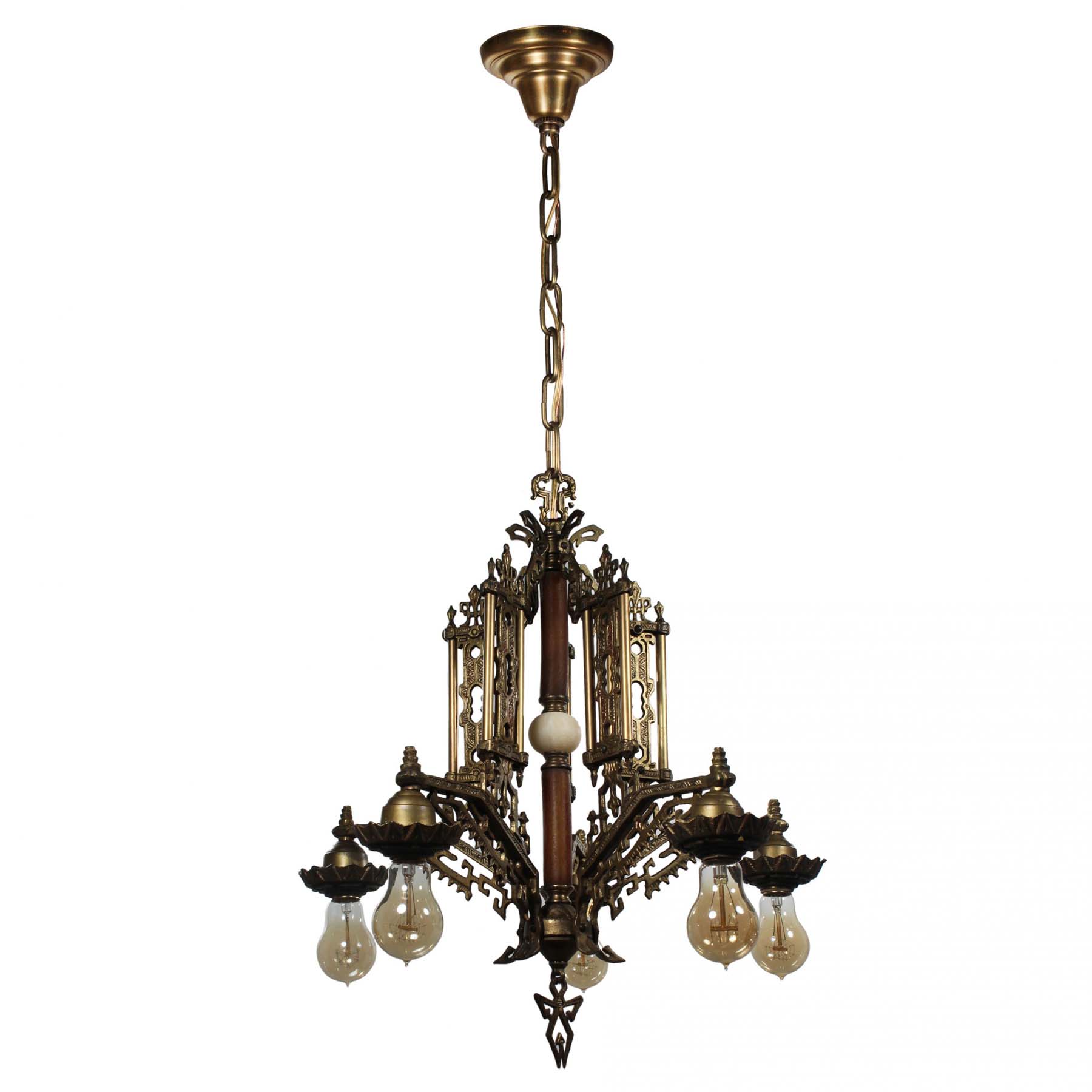 SOLD Antique Brass Art Deco Chandelier with Exposed Bulbs, Bakelite-70670