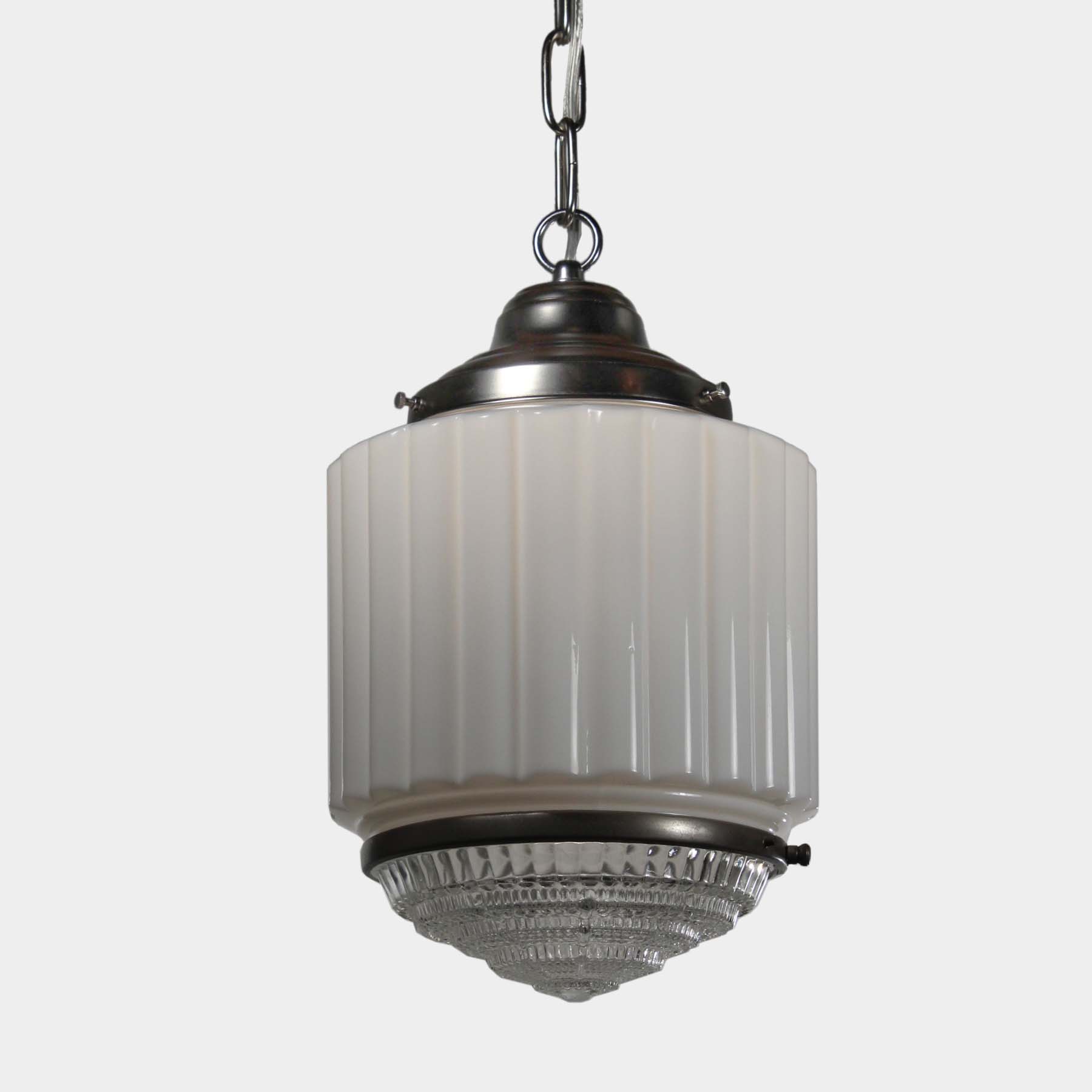 SOLD Art Deco Skyscraper Pendant Light with Two-Part Prismatic Shade, Antique Lighting-70521