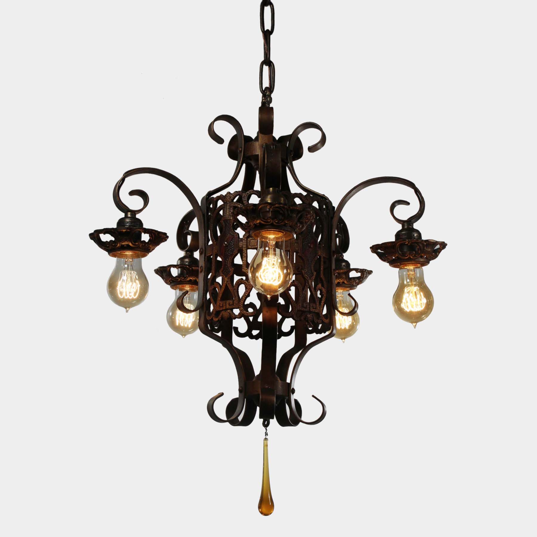 Antique Spanish Revival Five-Light Chandelier, Early 1900s