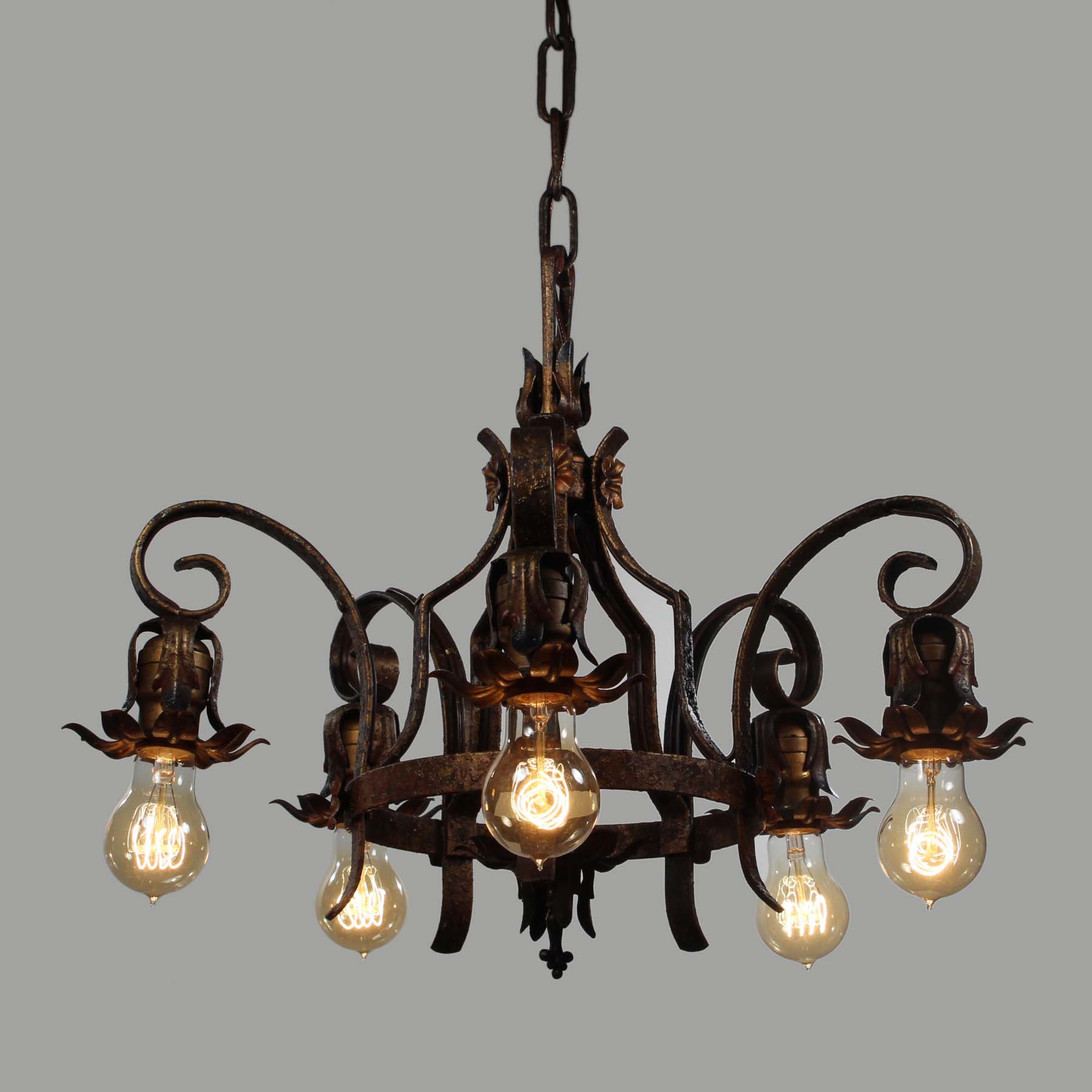 SOLD Antique Five-Light Iron Chandelier with Flowers, c. 1920s -70663
