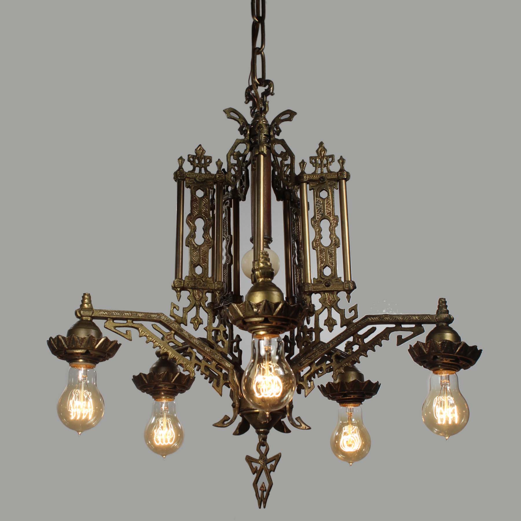 SOLD Antique Brass Art Deco Chandelier with Exposed Bulbs, Bakelite-70671