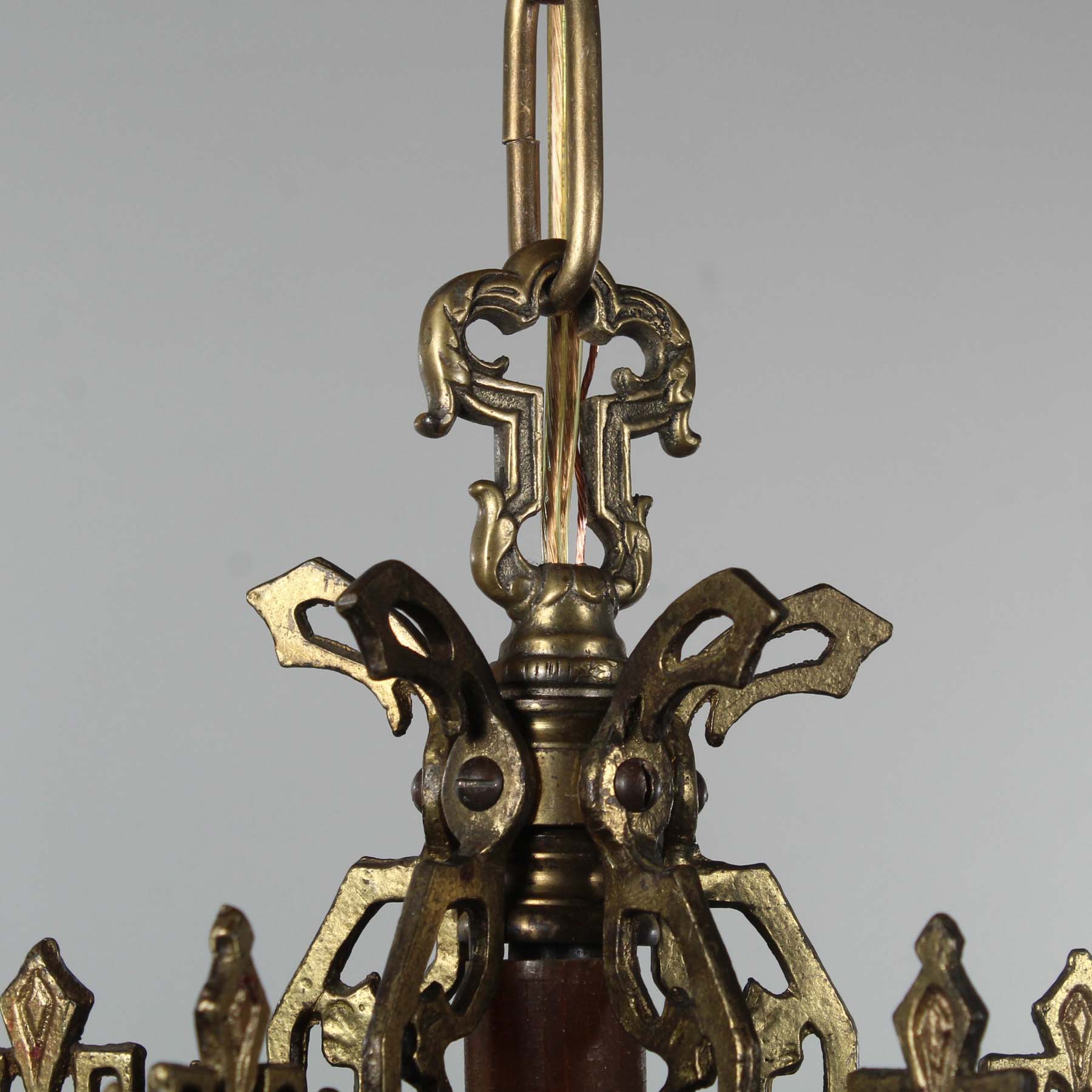 SOLD Antique Brass Art Deco Chandelier with Exposed Bulbs, Bakelite-70672