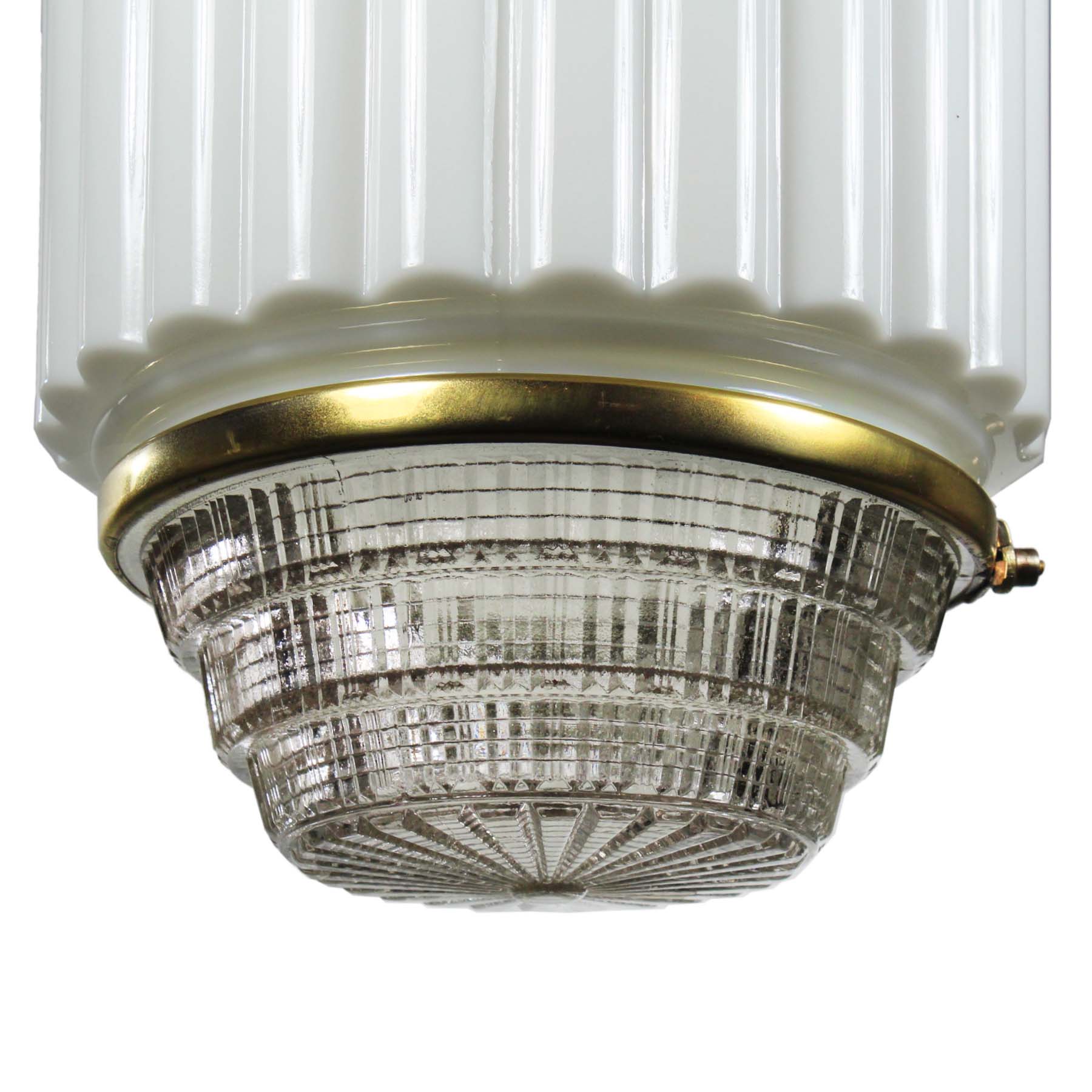 SOLD Antique Brass Art Deco Skyscraper Pendant Light with Two-Part Prismatic Shade-70484