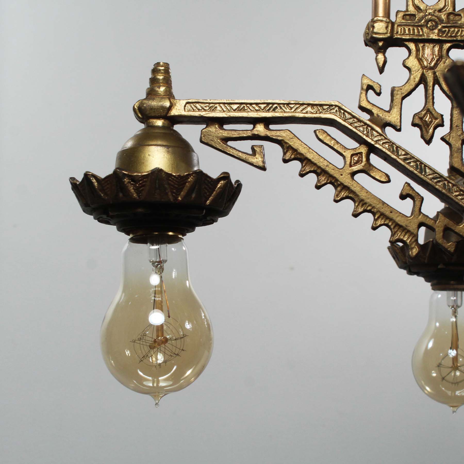 SOLD Antique Brass Art Deco Chandelier with Exposed Bulbs, Bakelite-70673