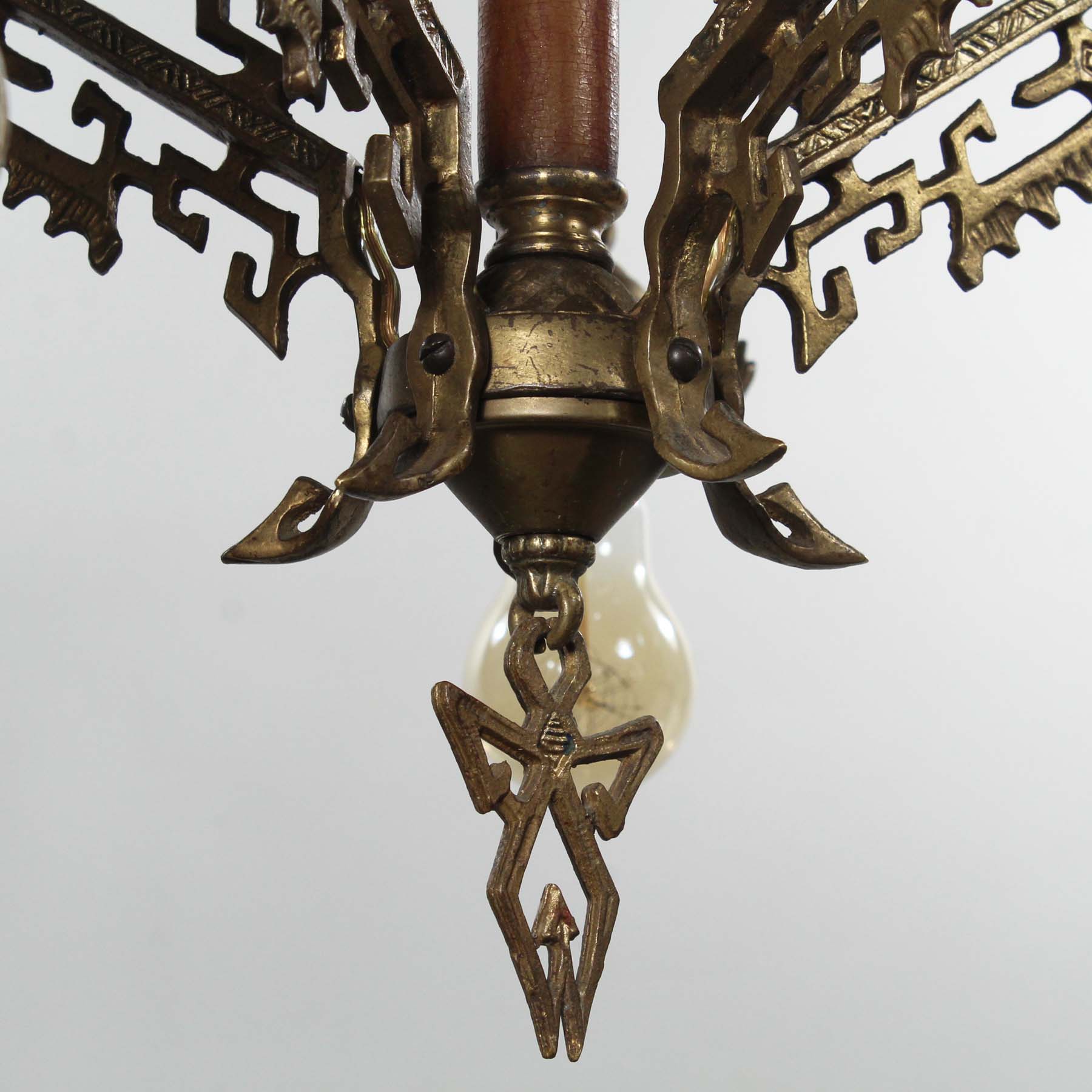 SOLD Antique Brass Art Deco Chandelier with Exposed Bulbs, Bakelite-70676