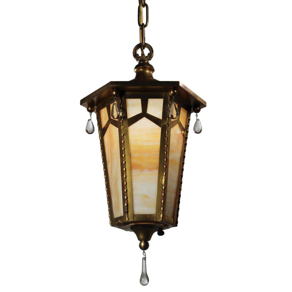 Antique Neoclassical Brass Lantern with Original Slag Glass-0 Antique Neoclassical Brass Lantern with Original Slag Glass-0