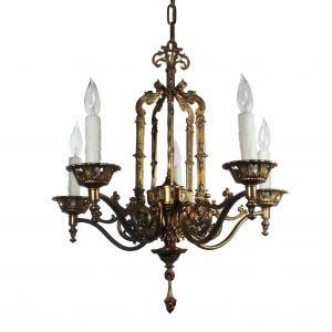 Antique Cast Brass Chandelier with Fleur De Lis, Halcolite. -0