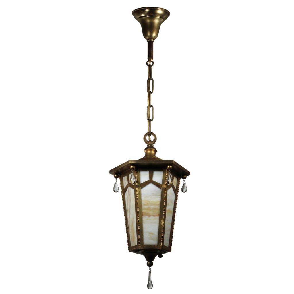 Antique Neoclassical Brass Lantern with Original Slag Glass-70745 Antique Neoclassical Brass Lantern with Original Slag Glass-70745
