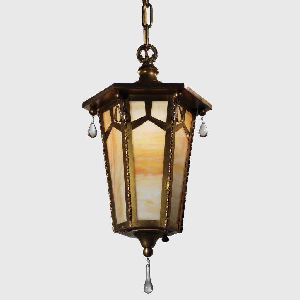 Antique Neoclassical Brass Lantern with Original Slag Glass-70747 Antique Neoclassical Brass Lantern with Original Slag Glass-70747