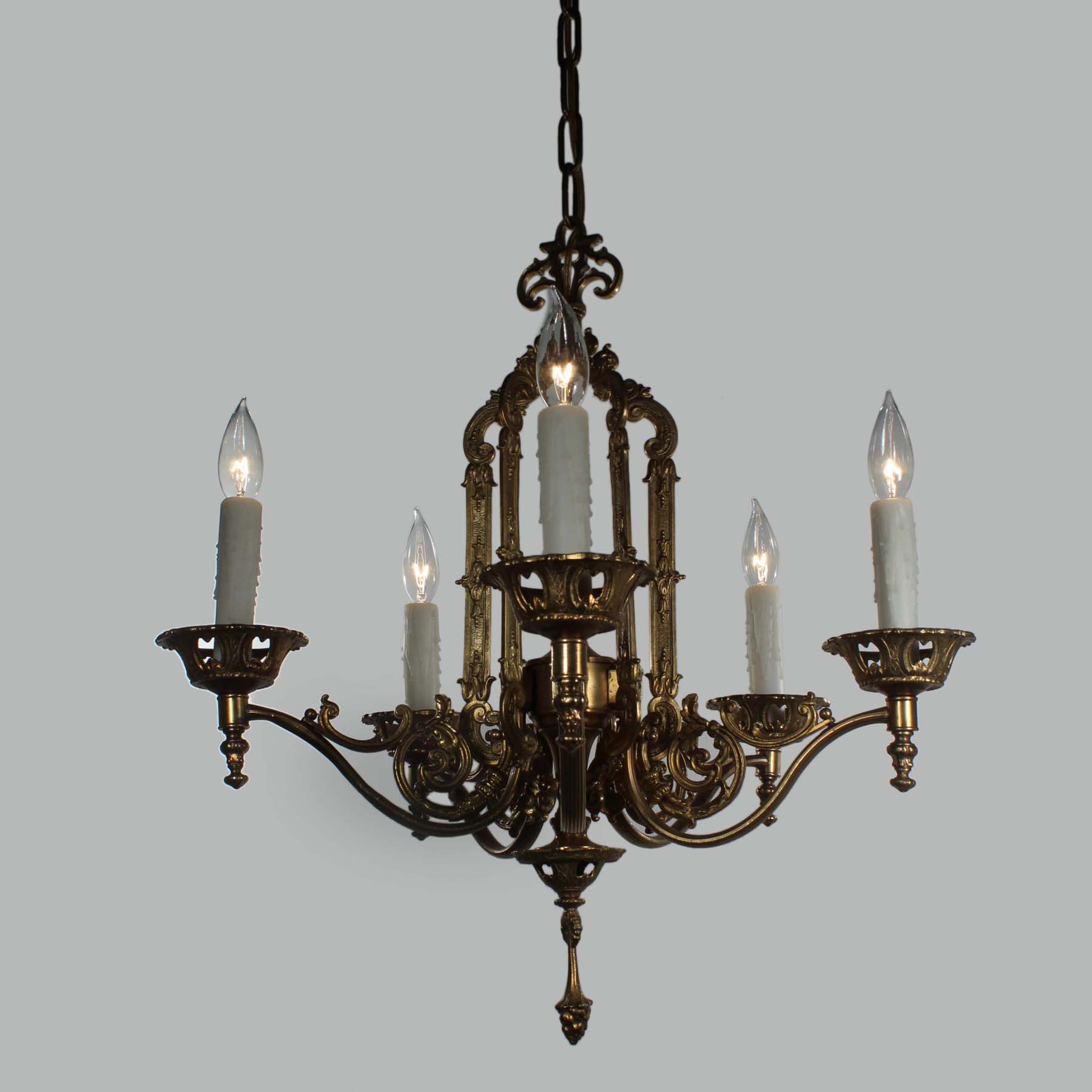 Antique Cast Brass Chandelier with Fleur De Lis, Halcolite. -70897