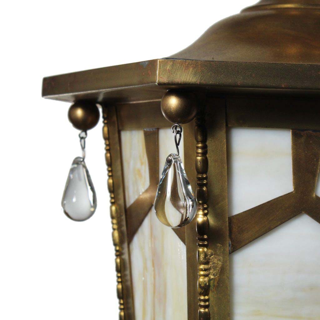 Antique Neoclassical Brass Lantern with Original Slag Glass-70748 Antique Neoclassical Brass Lantern with Original Slag Glass-70748