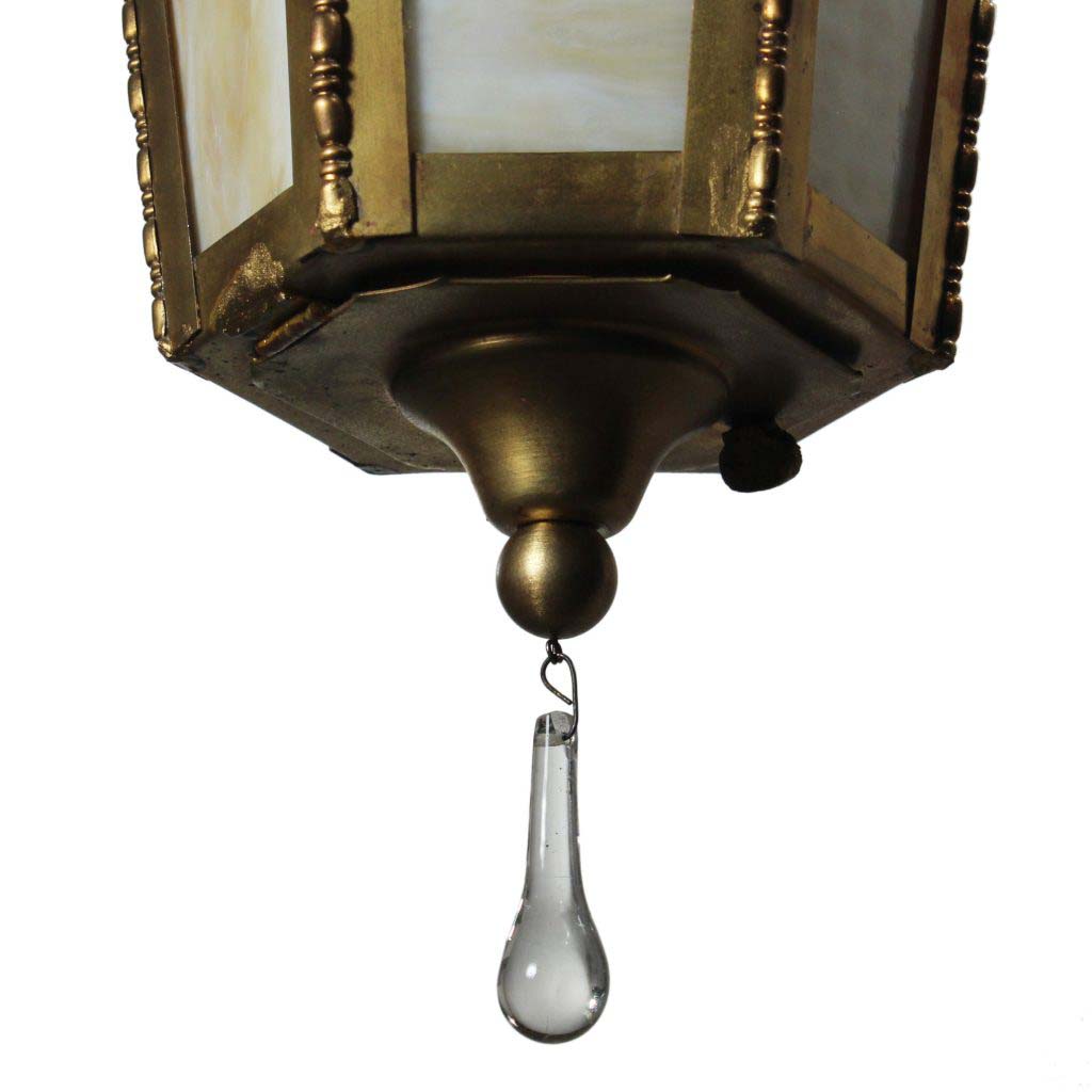 Antique Neoclassical Brass Lantern with Original Slag Glass-70749 Antique Neoclassical Brass Lantern with Original Slag Glass-70749