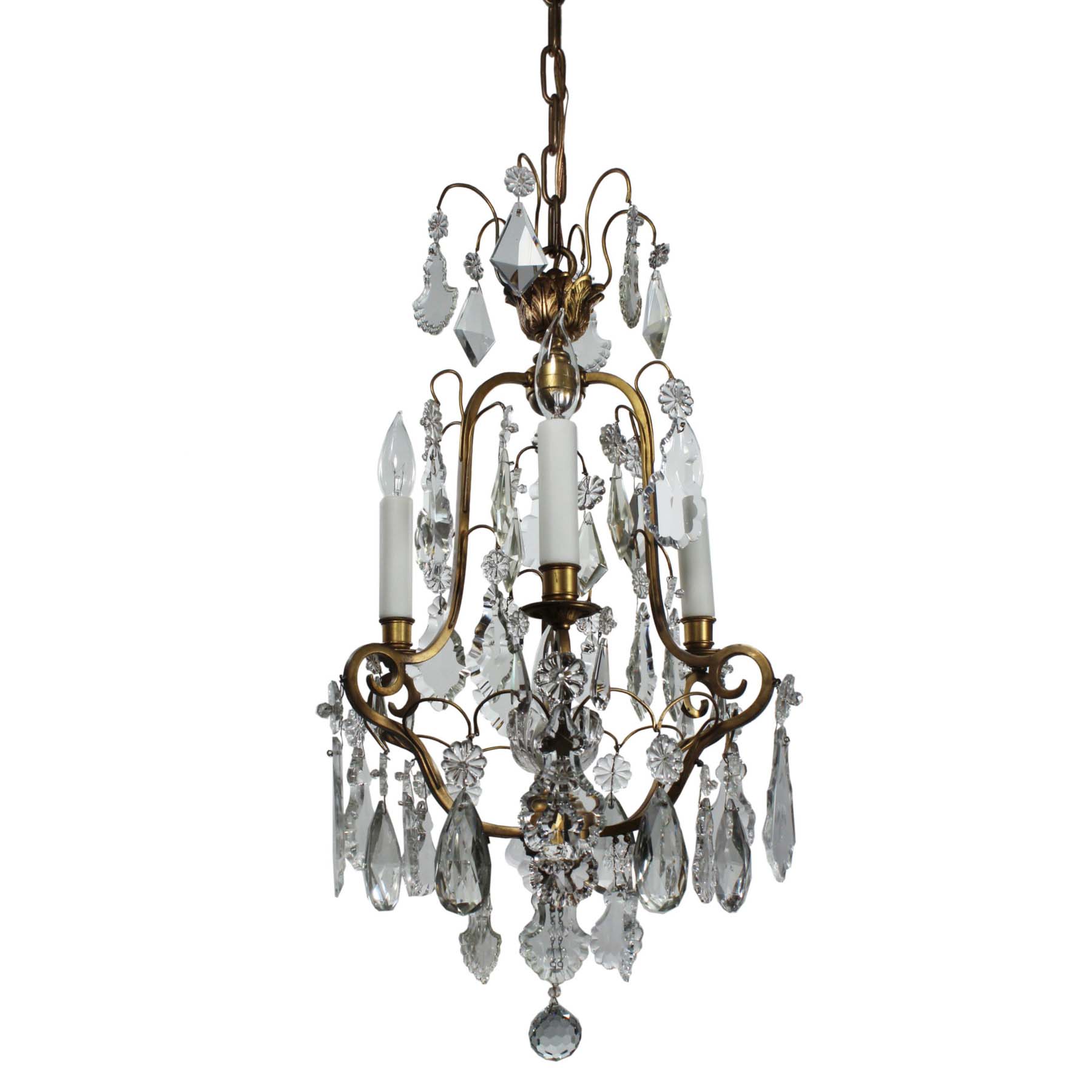 Antique Brass Neoclassical Chandelier with Prisms, c. 1910-0