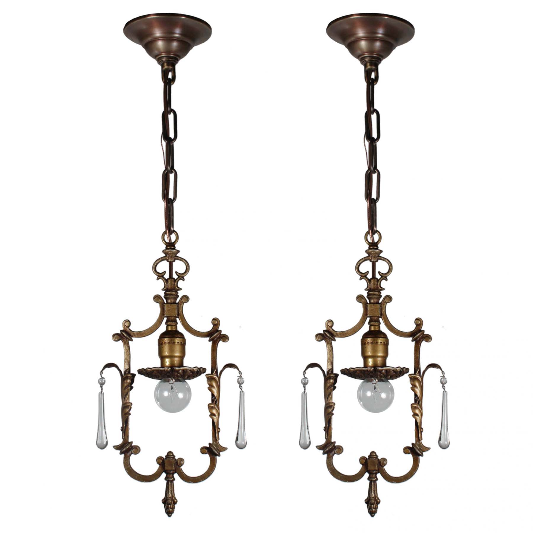 SOLD Antique Brass Pendant Lights with Prisms-0
