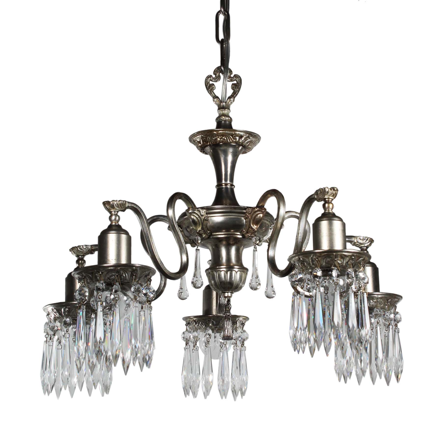 SOLD Antique Neoclassical Silver Plate Chandelier with Prisms-0