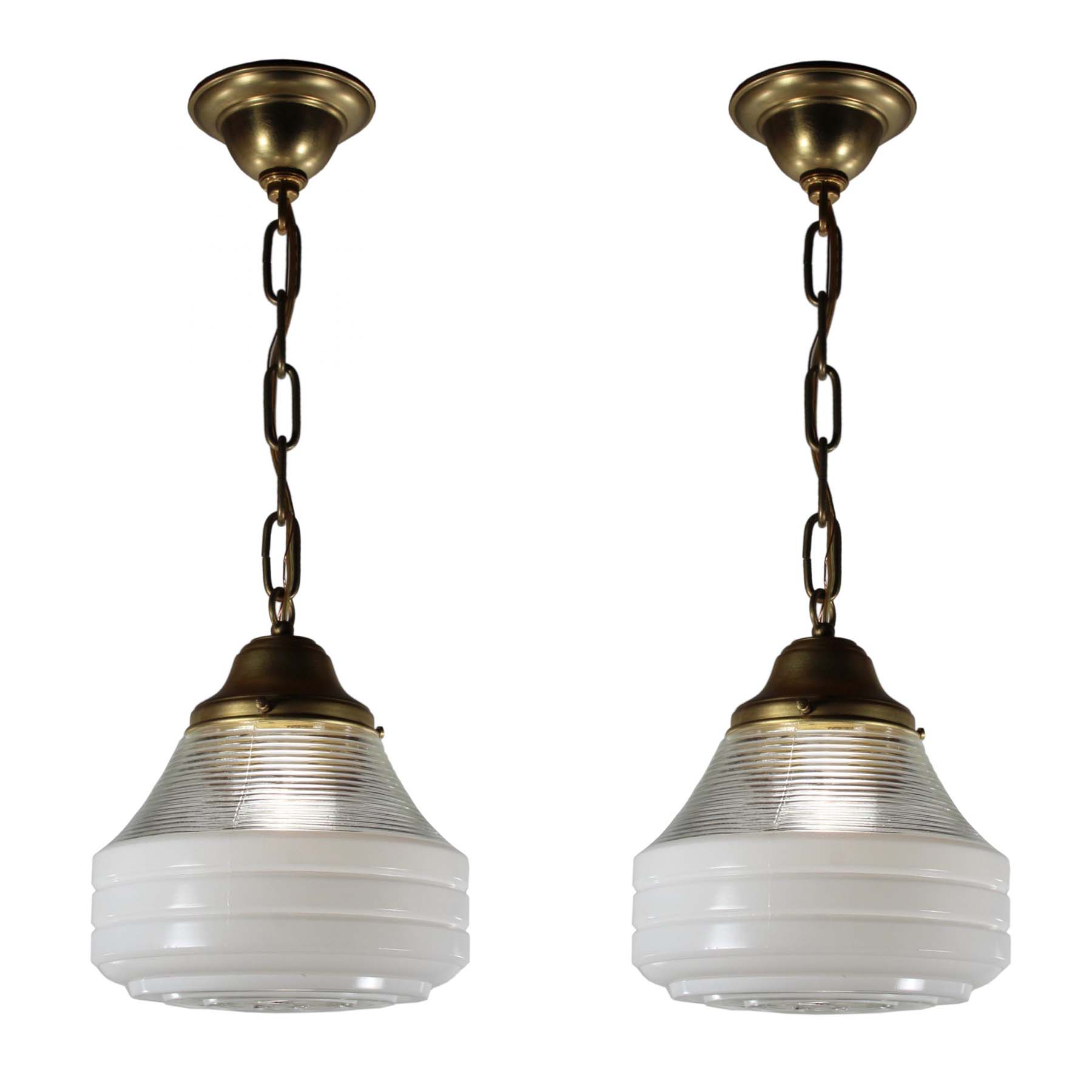 SOLD Antique Brass Pendant Lights with Original Shades-0