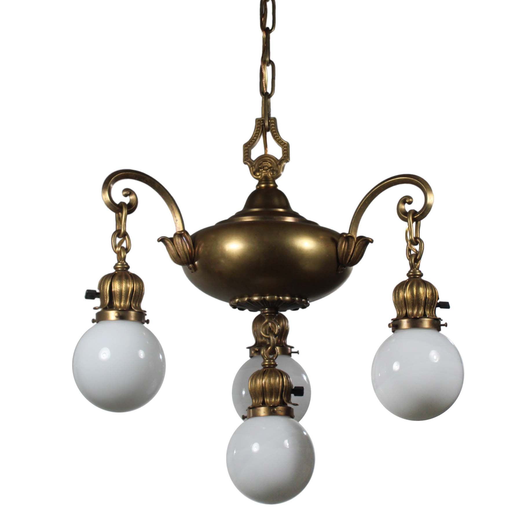 Antique Brass Chandelier with Glass Ball Shades, Early 1900s-0