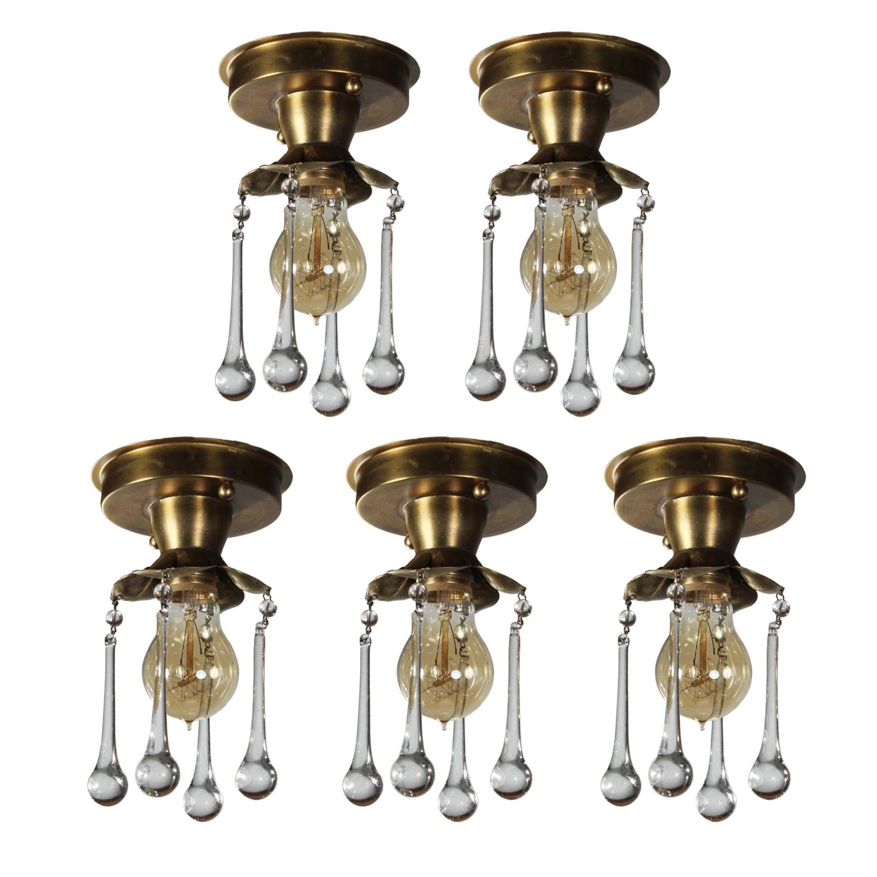 Brass Exposed Bulb Flush-Mount Lights with Teardrop Prisms, Antique Lighting-0