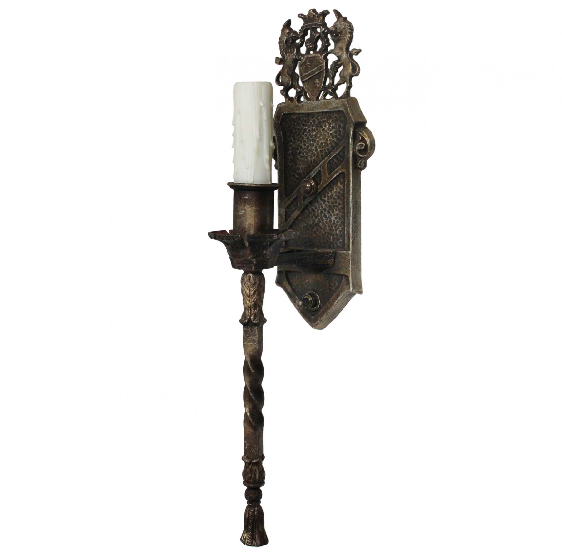 SOLD Pairs of Antique Figural Sconces with Lion & Unicorn, Cast Iron-71293