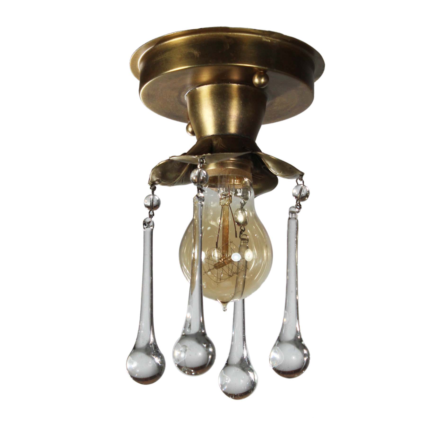 Brass Exposed Bulb Flush-Mount Lights with Teardrop Prisms, Antique Lighting-71372