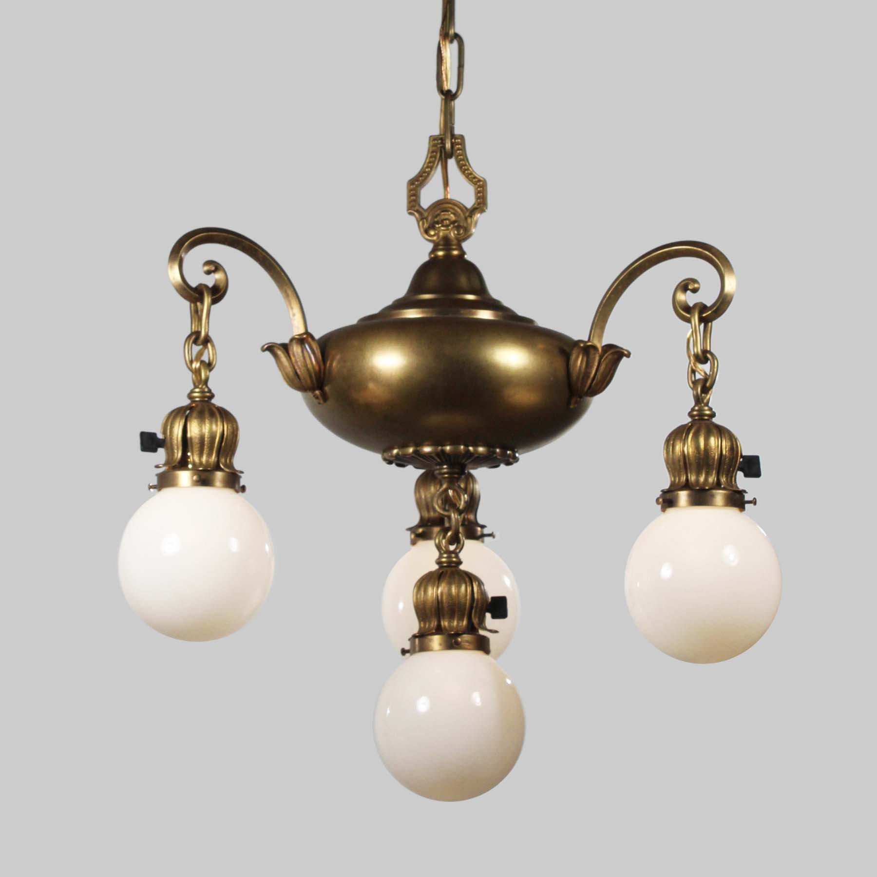 Antique Brass Chandelier with Glass Ball Shades, Early 1900s-71186