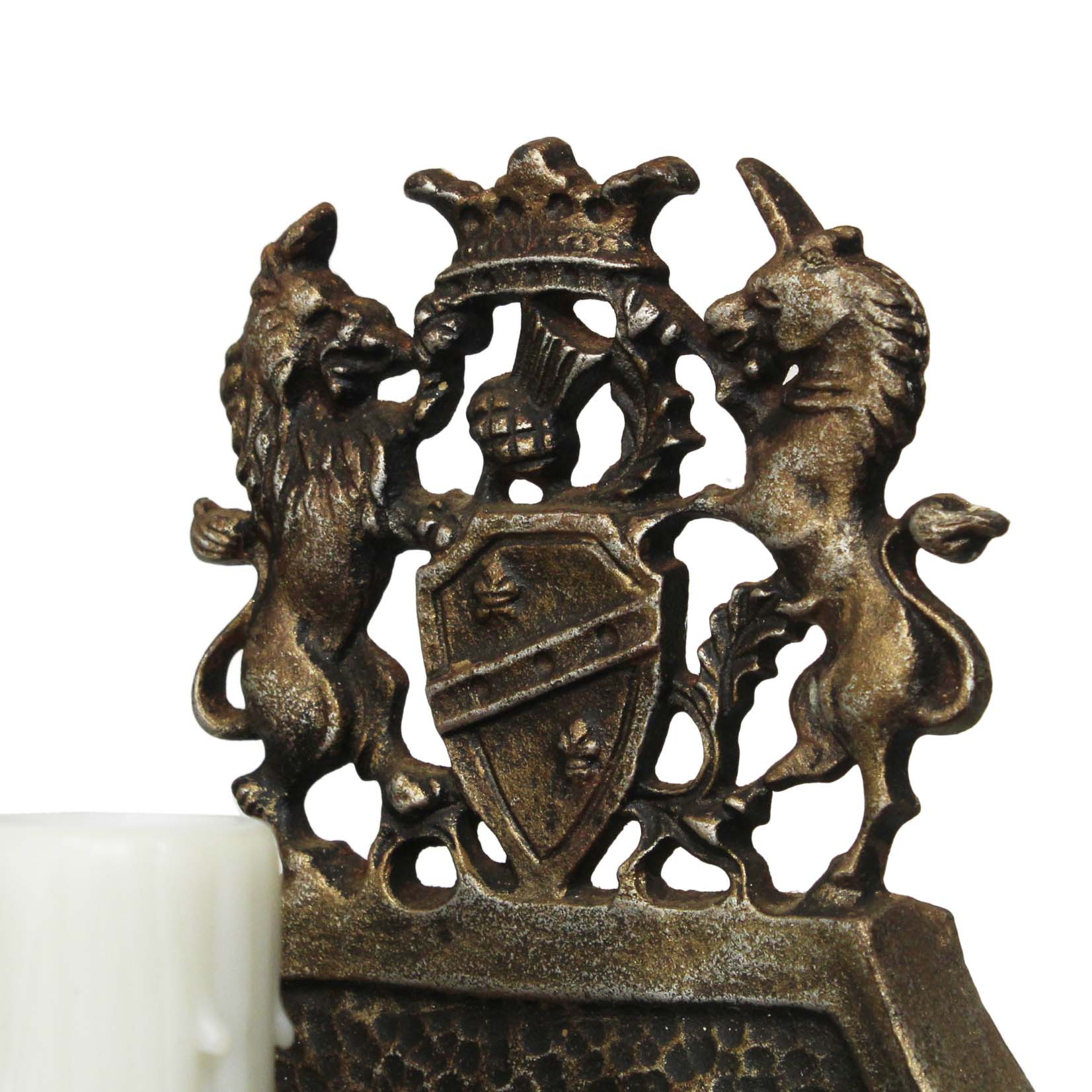 SOLD Pairs of Antique Figural Sconces with Lion & Unicorn, Cast Iron-71291