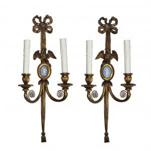 Pair of Antique Bronze Figural Sconces with Wedgwood Plaques, E.F. Caldwell