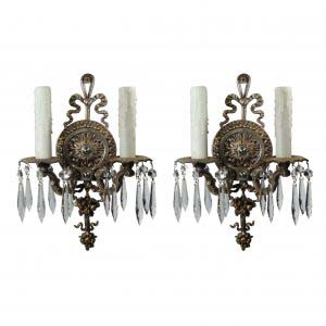 Pair of Antique Neoclassical Double-Arm Sconces with Prisms-0