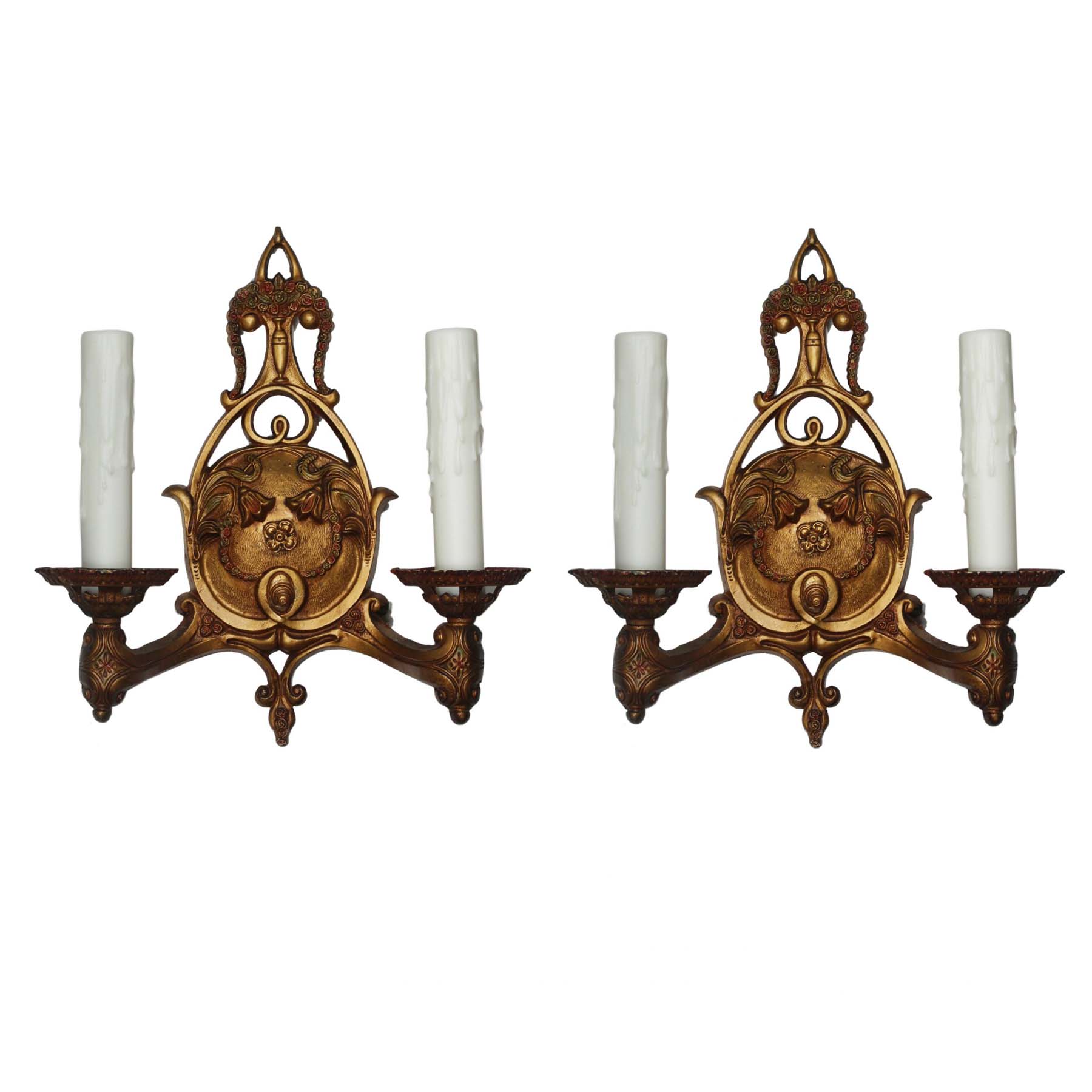 Neoclassical Double Arm Sconces with Original Polychrome, Antique Lighting-0