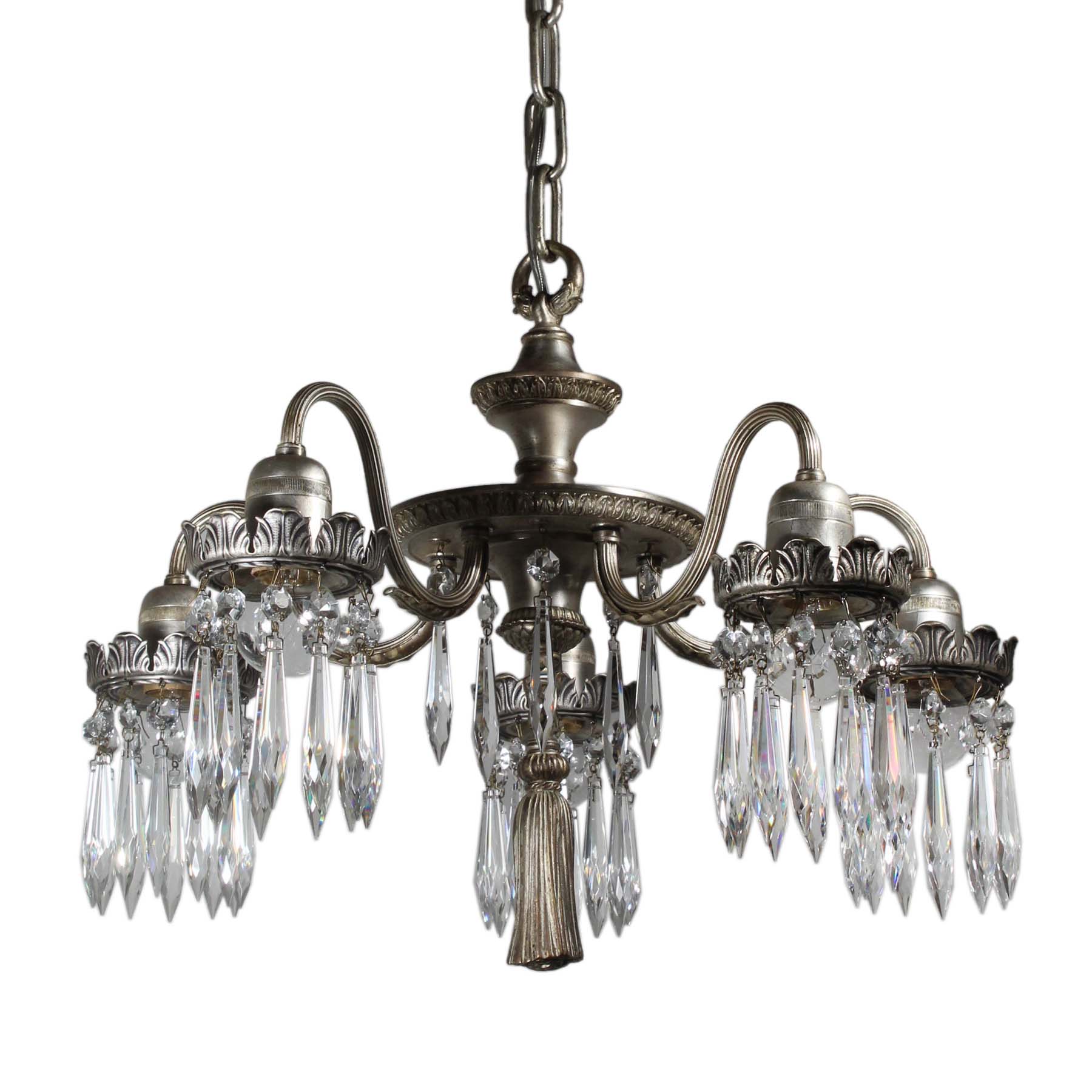 SOLD Antique Neoclassical Silver Plate Chandelier with Prisms-0