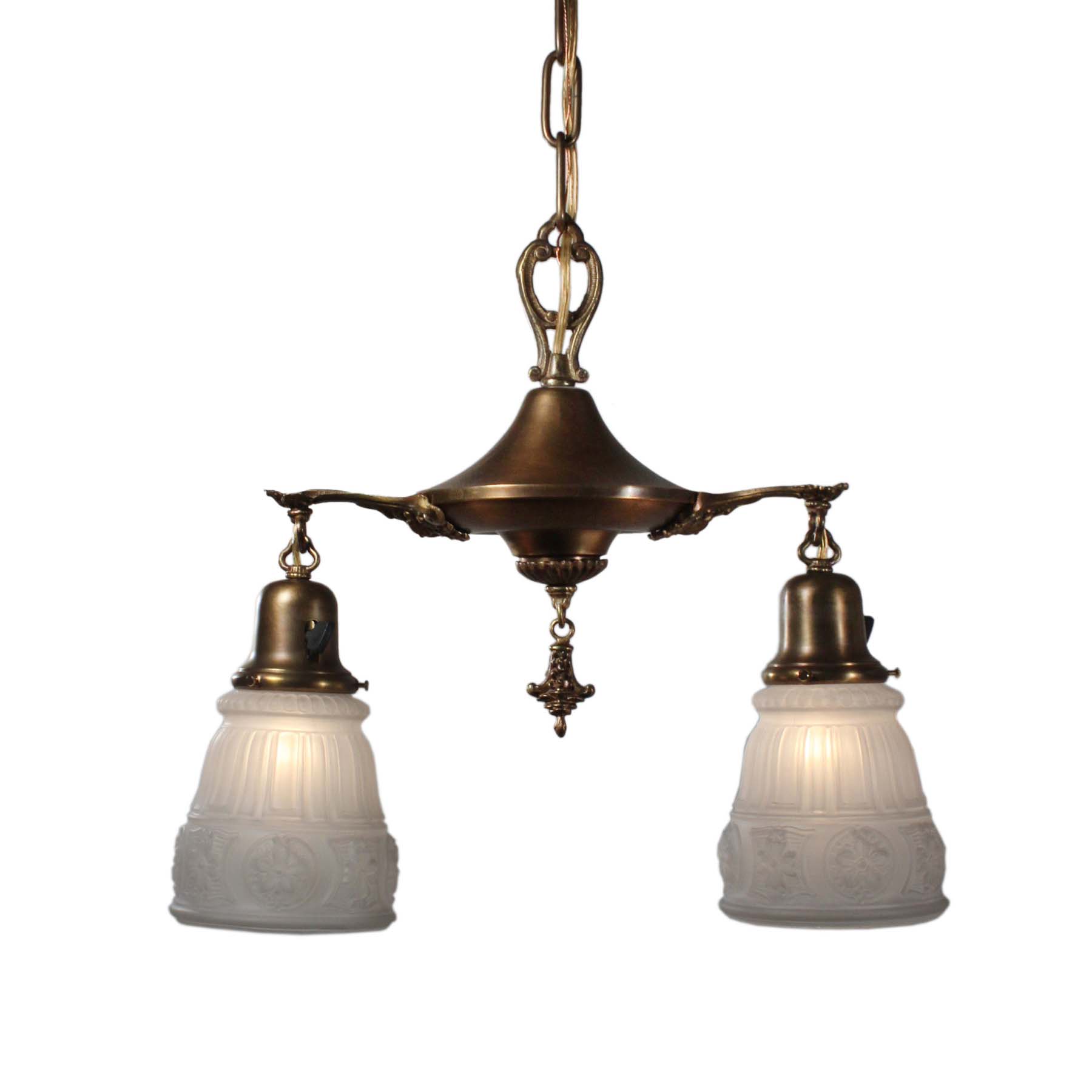 Antique Brass Two Light Chandelier with Glass Shades-0