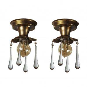 Antique Brass Exposed Bulb Flush-Mount Lights with Teardrop Prisms-0