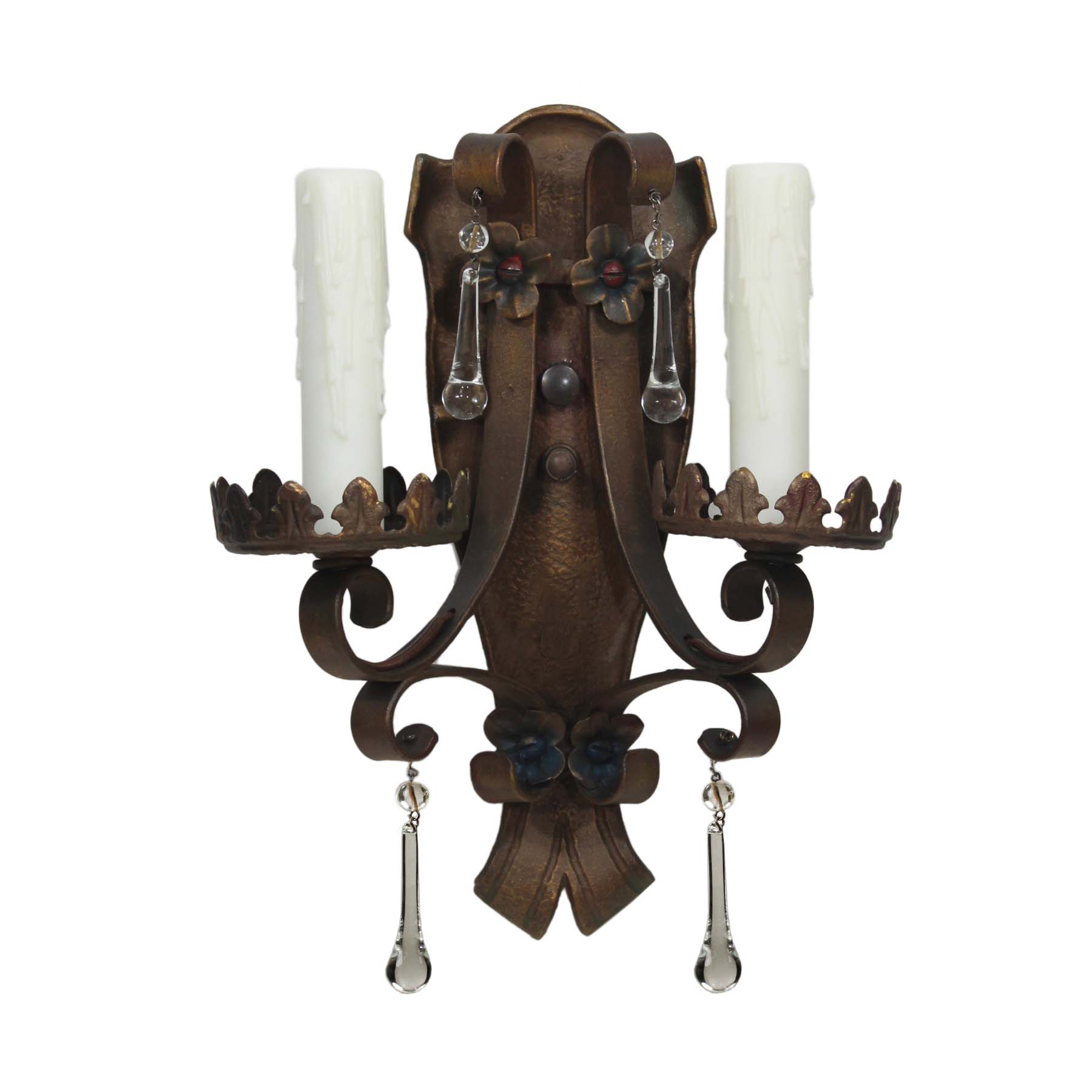 SOLD Antique Pair of Cast Iron Sconces with Prisms, Original Polychrome-71435