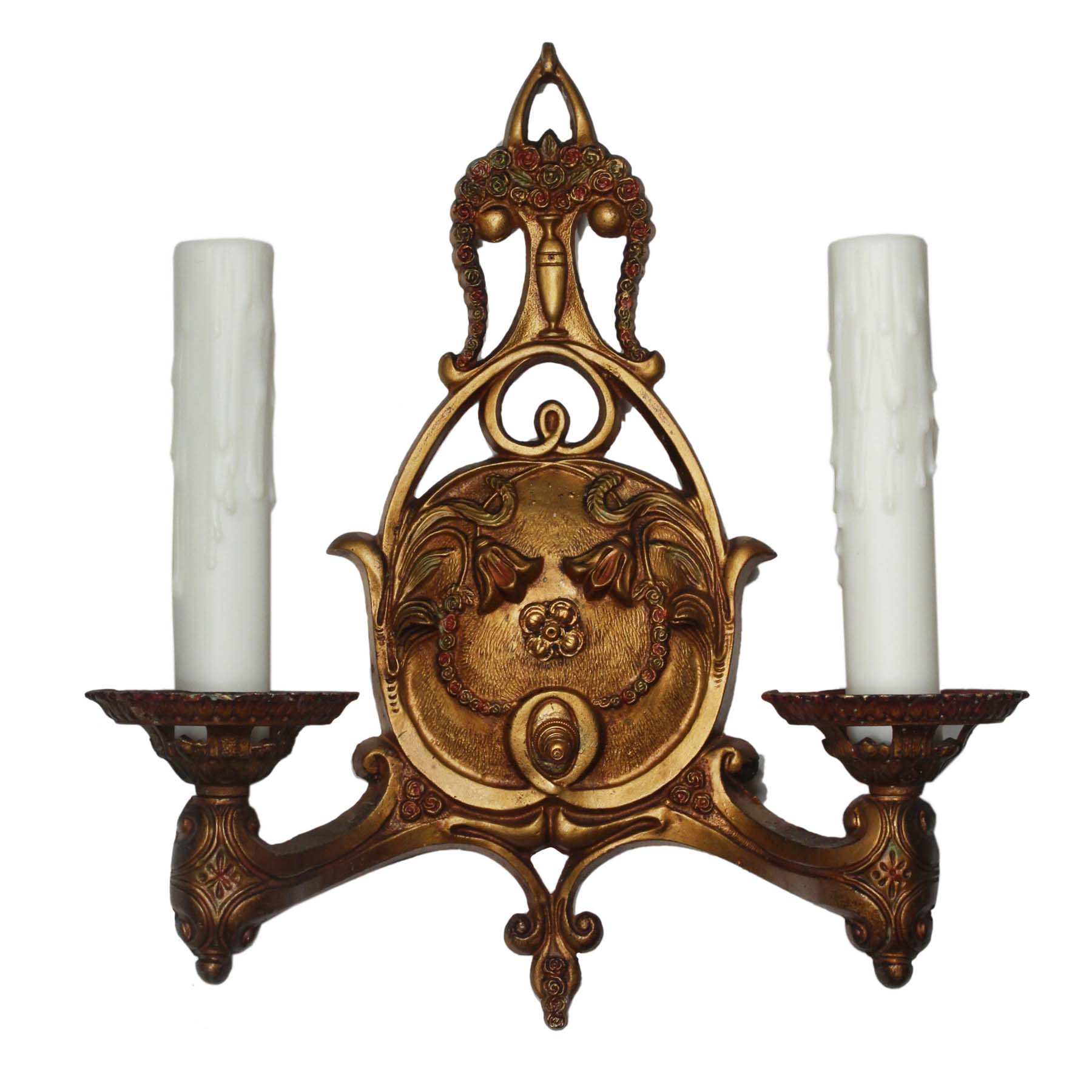 Neoclassical Double Arm Sconces with Original Polychrome, Antique Lighting-71747