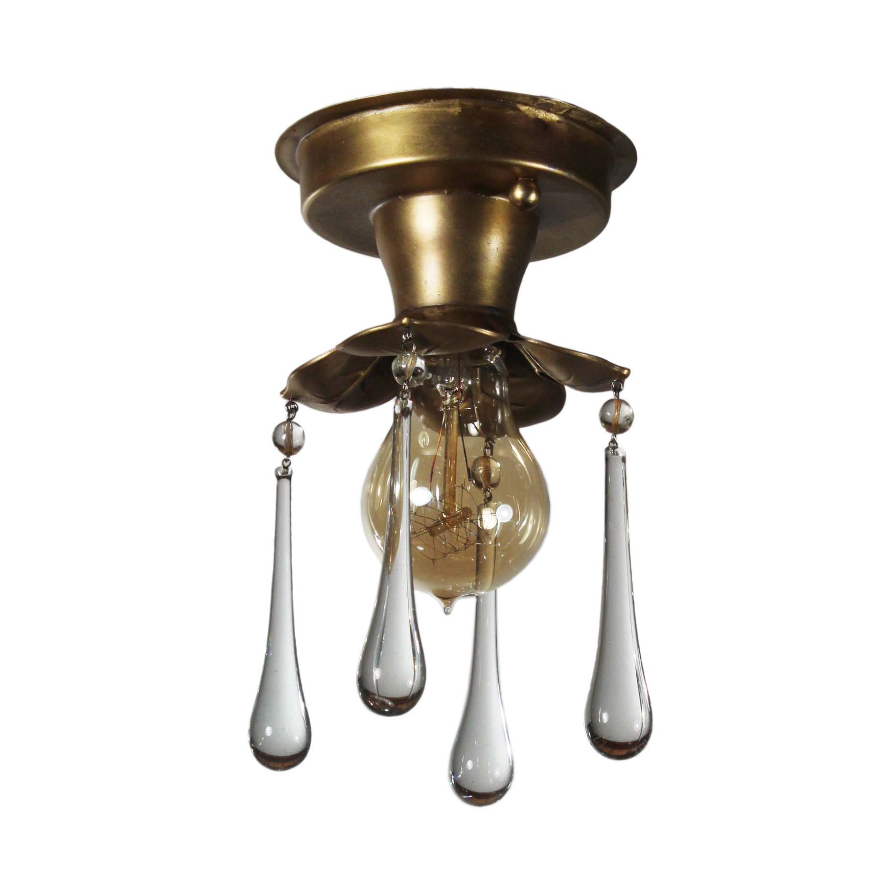 Antique Brass Exposed Bulb Flush-Mount Lights with Teardrop Prisms-71789