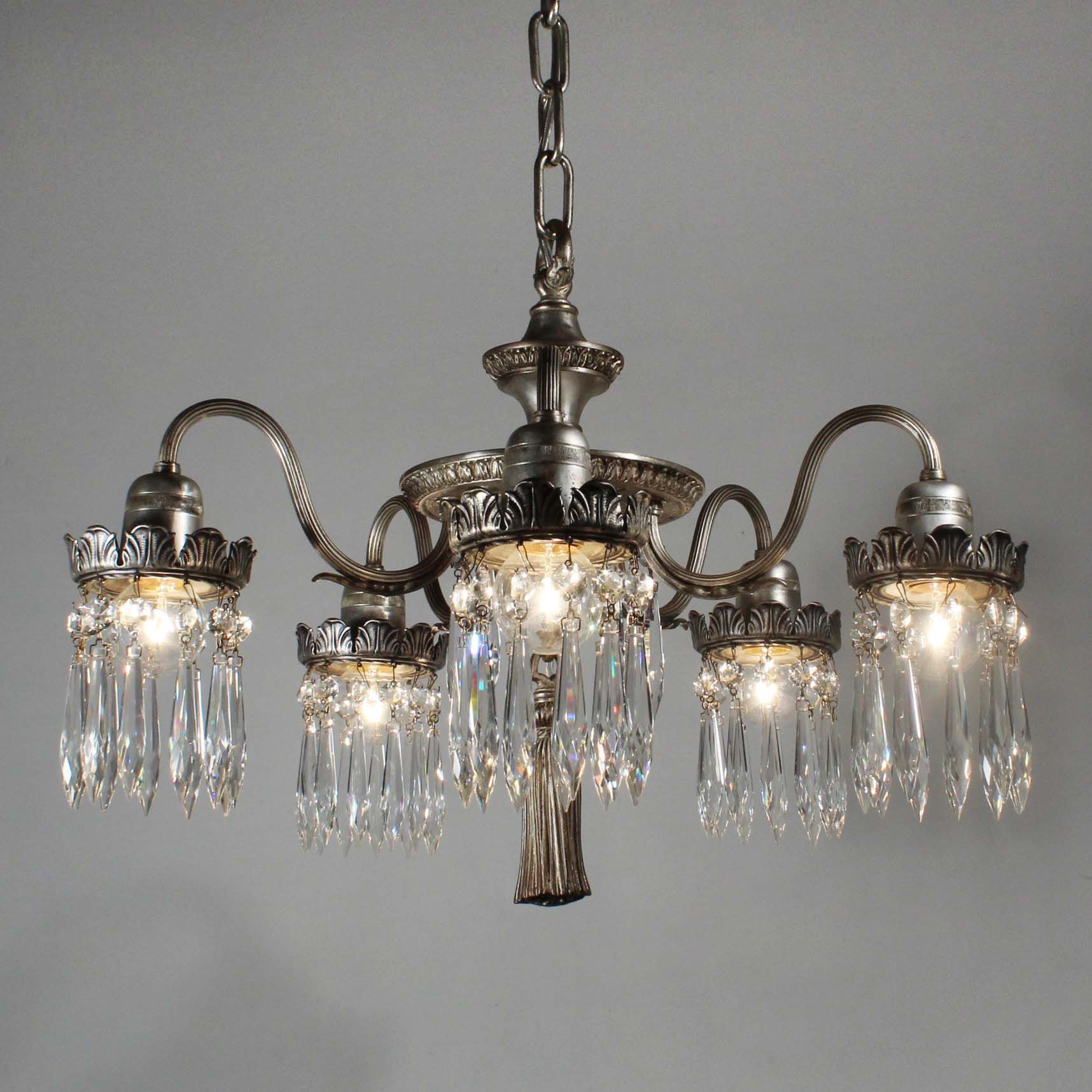 SOLD Antique Neoclassical Silver Plate Chandelier with Prisms-71840