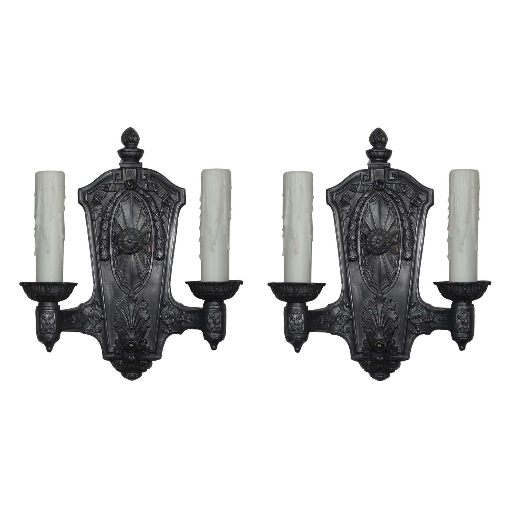 Pair of Antique Neoclassical Double-Arm Sconces, Pewter-0