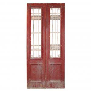 Antique Pair of 44” French Colonial Doors with Iron Inserts-0