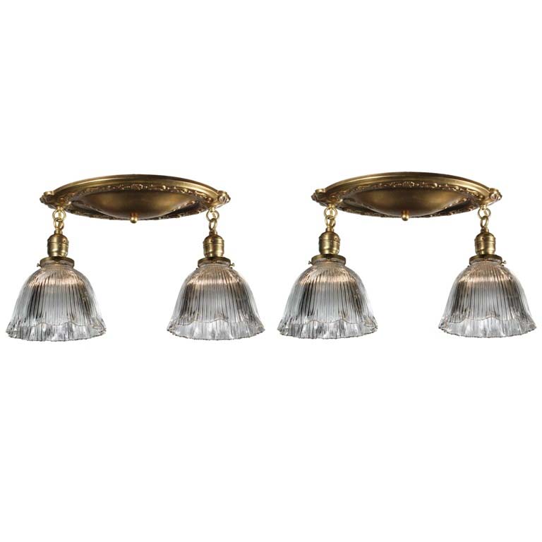 Antique Flush Mount Light with Original Holophane Shades, c.1905-0 Antique Flush Mount Light with Original Holophane Shades, c.1905-0