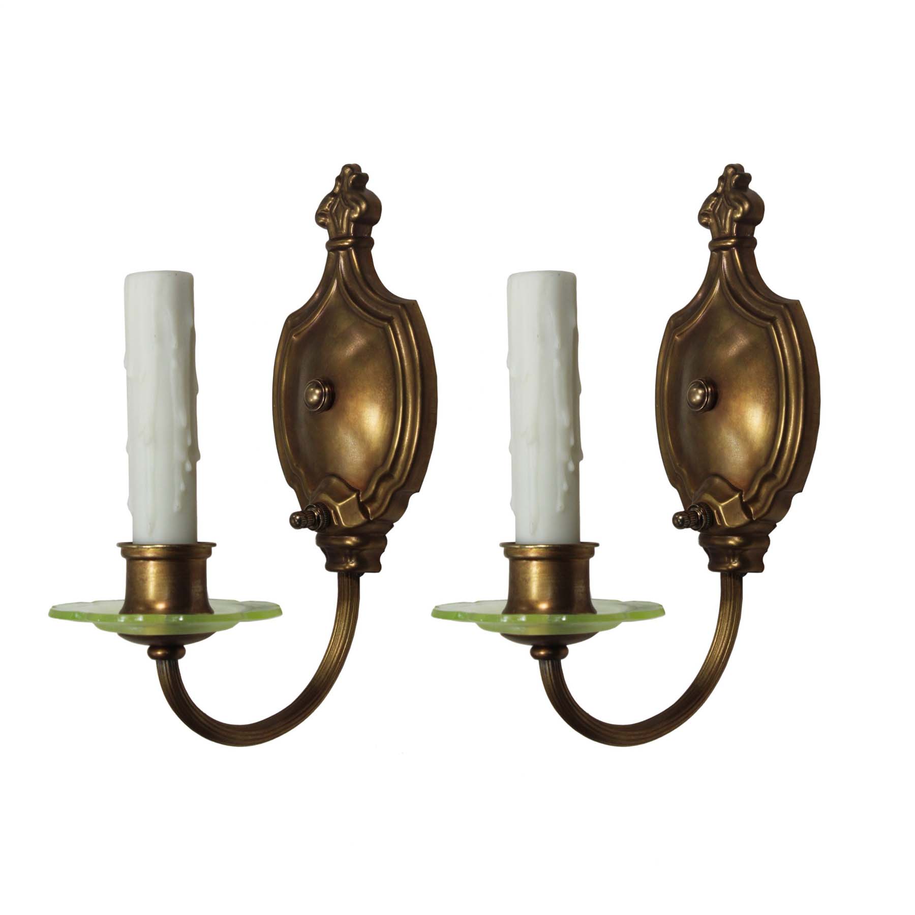 Pair of Antique Brass Sconces with Vaseline Glass-0