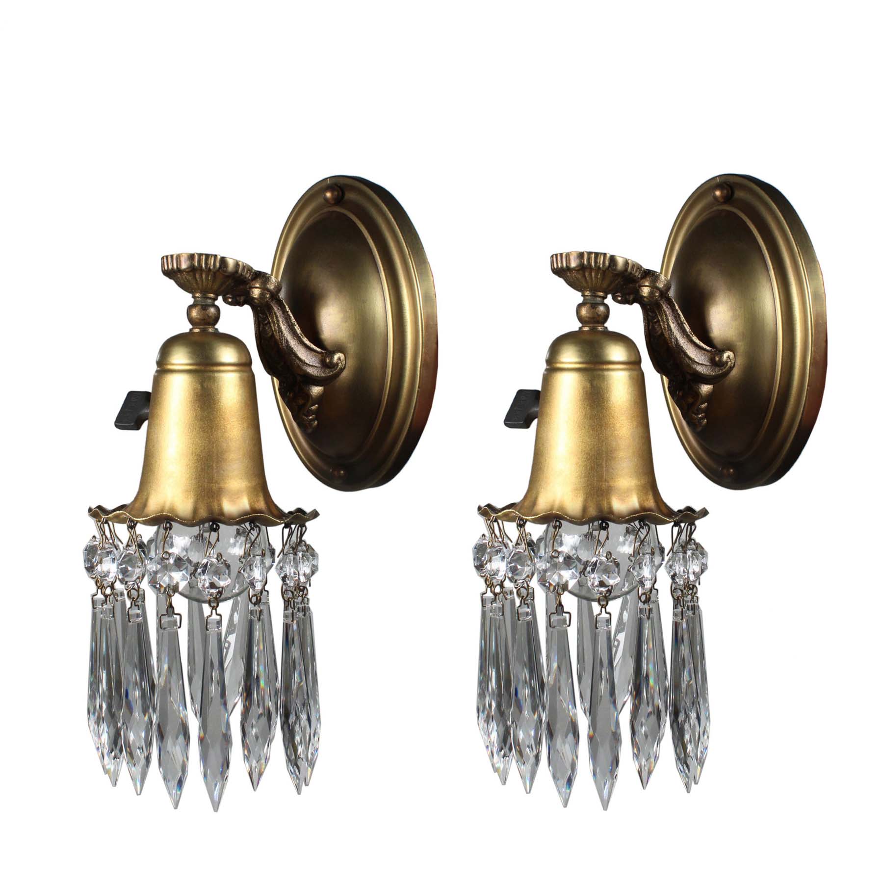 SOLD Pair of Antique Brass Sconces with Prisms-0