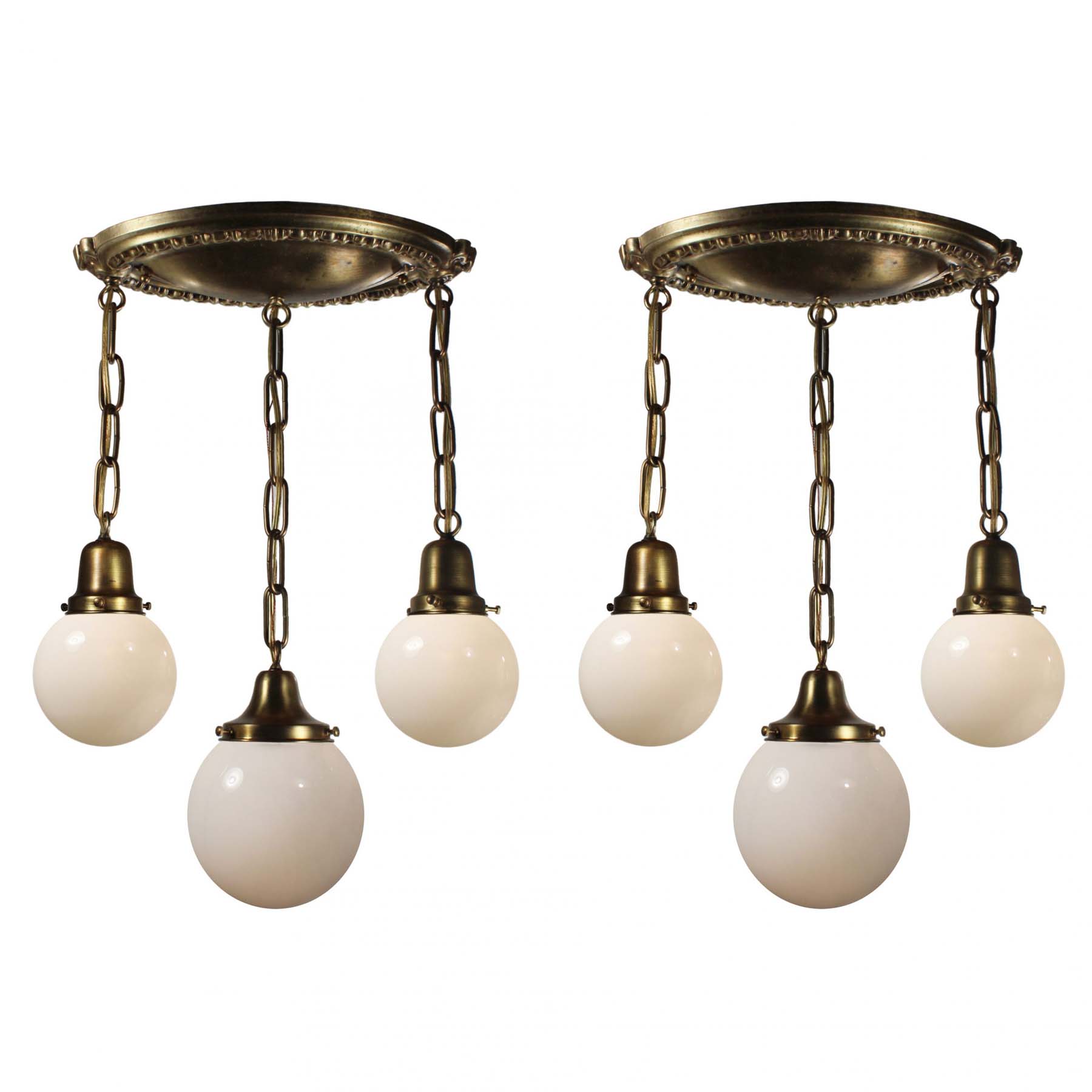 Antique Neoclassical Brass Semi Flush-Mount Chandeliers with Ball Shades-0